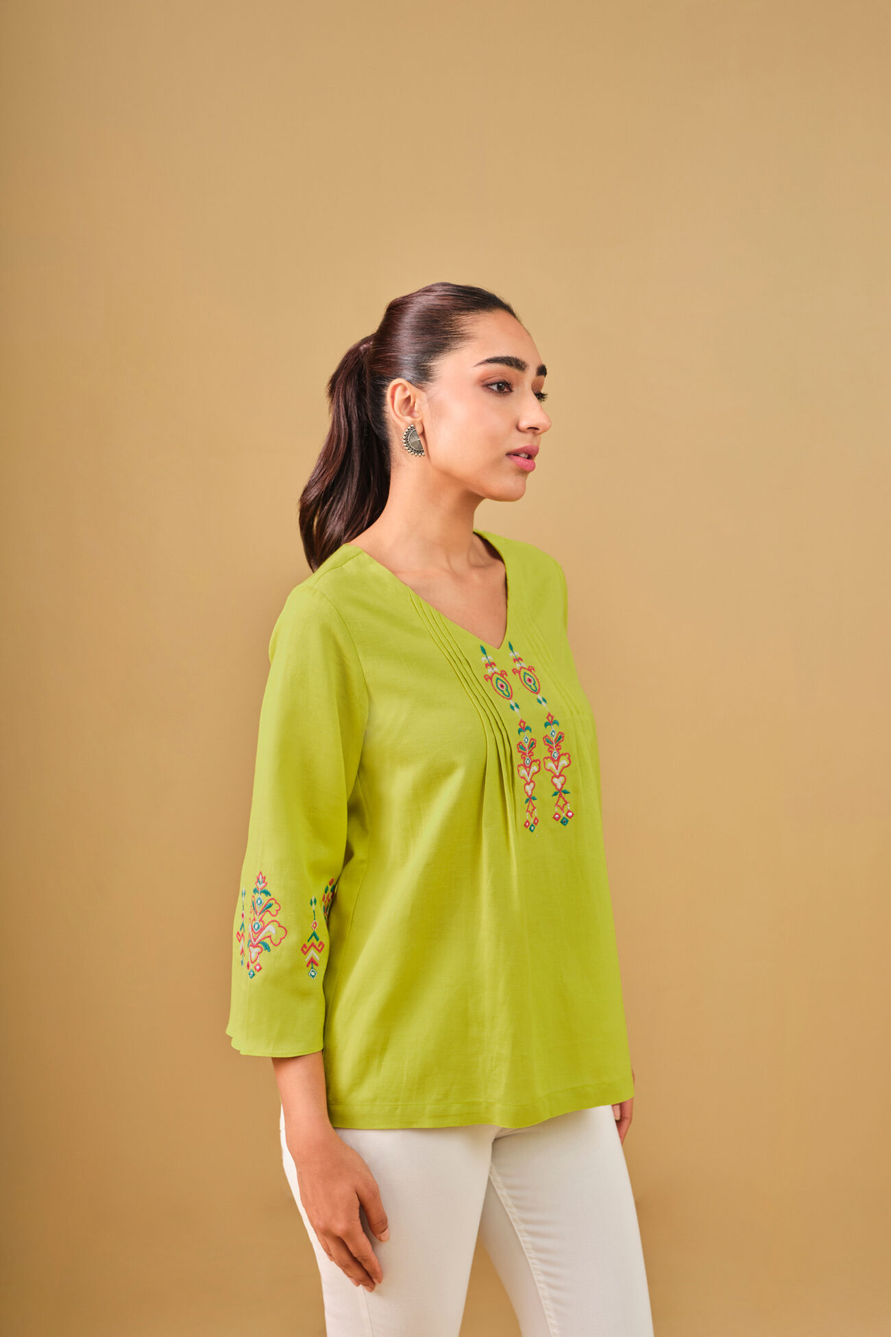 Pleated Lime Green Embroidered Top, Lime, image 3