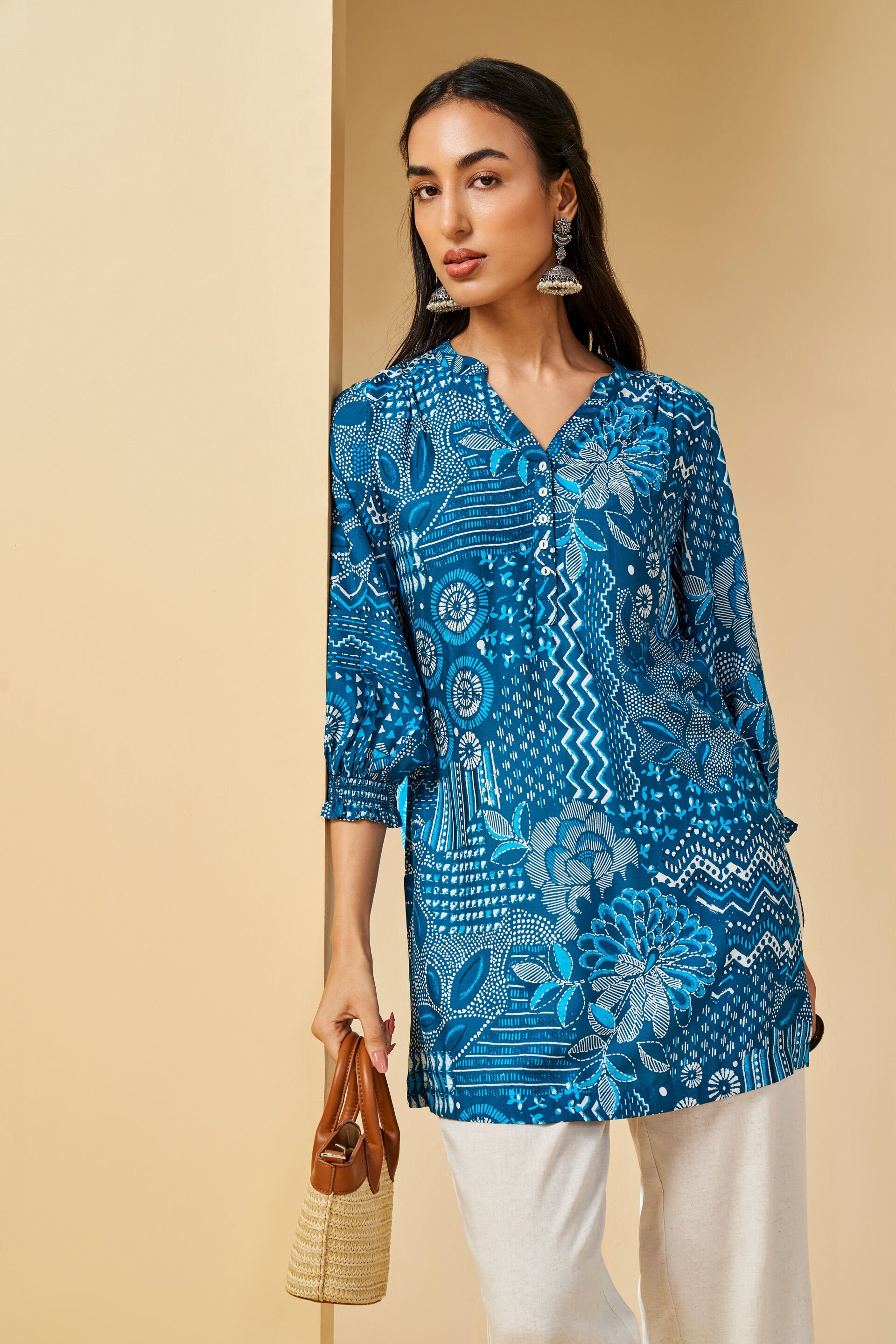 Indigo Inspired Geometric Viscose Tunic, Indigo, image 2