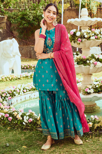 Teal Khadi Fit & Flare Suit, Teal, image 1