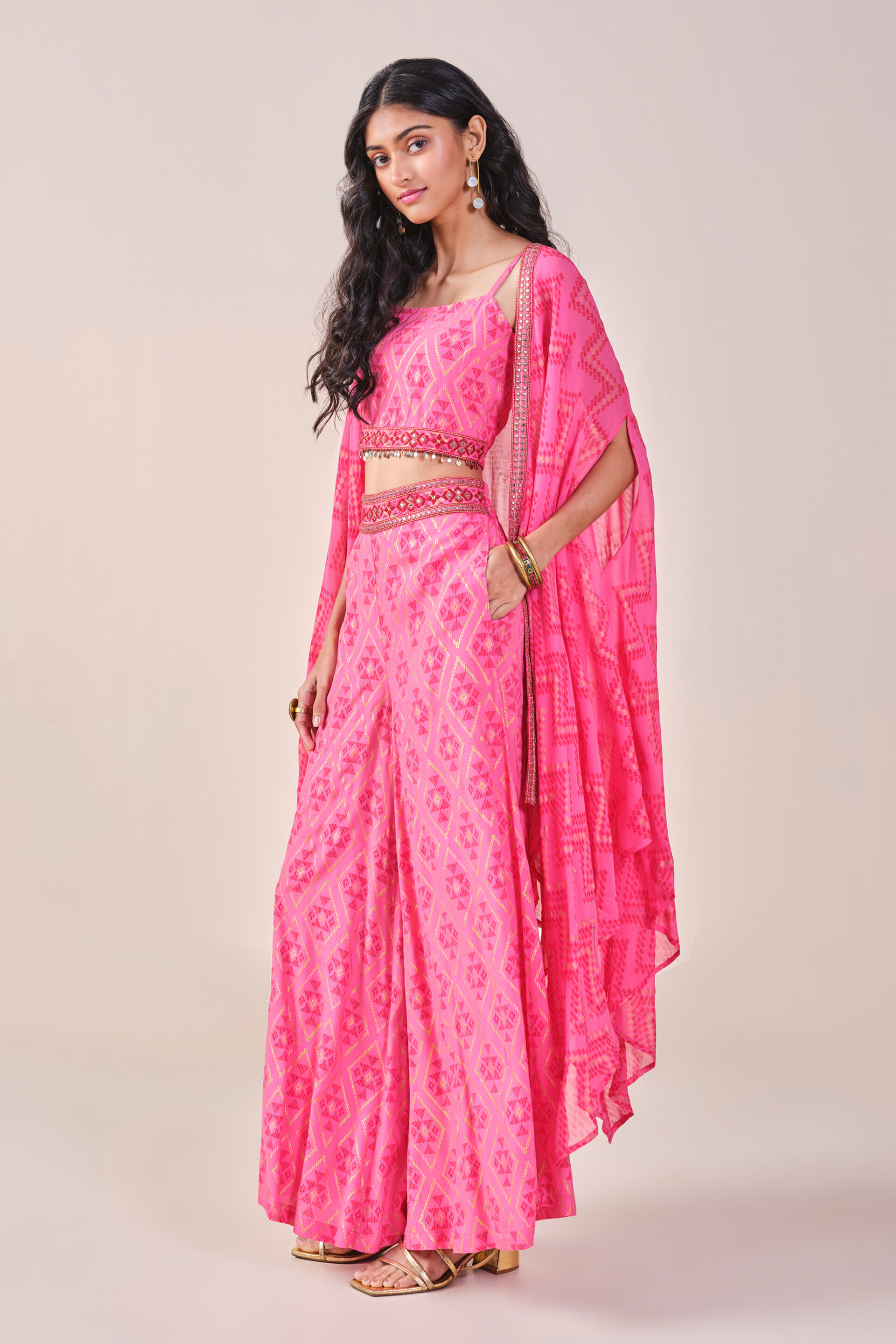 Pink Chevron Embroidered Palazzo Set, Pink, image 7