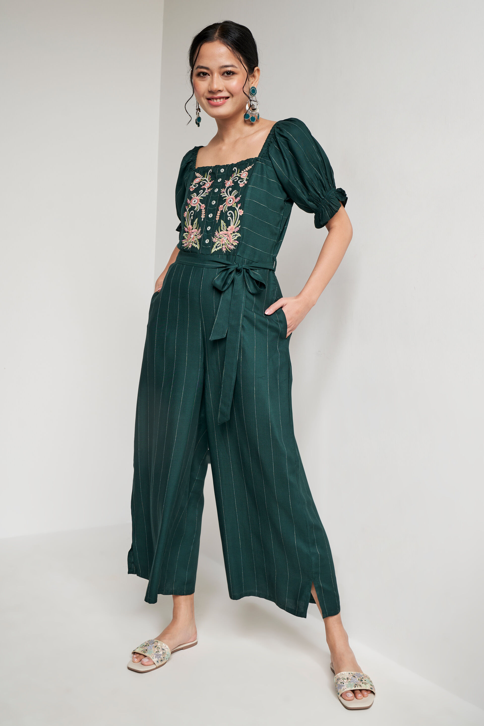 Buy Dark Green Solid Straight Jumpsuit Online at Best Price at