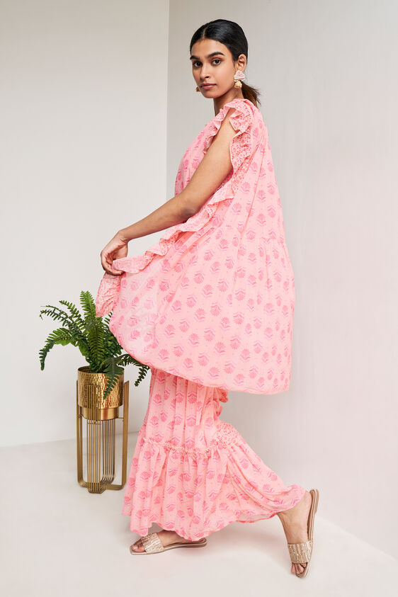 Pink Floral Fit & Flare Stitched Saree, Pink, image 3