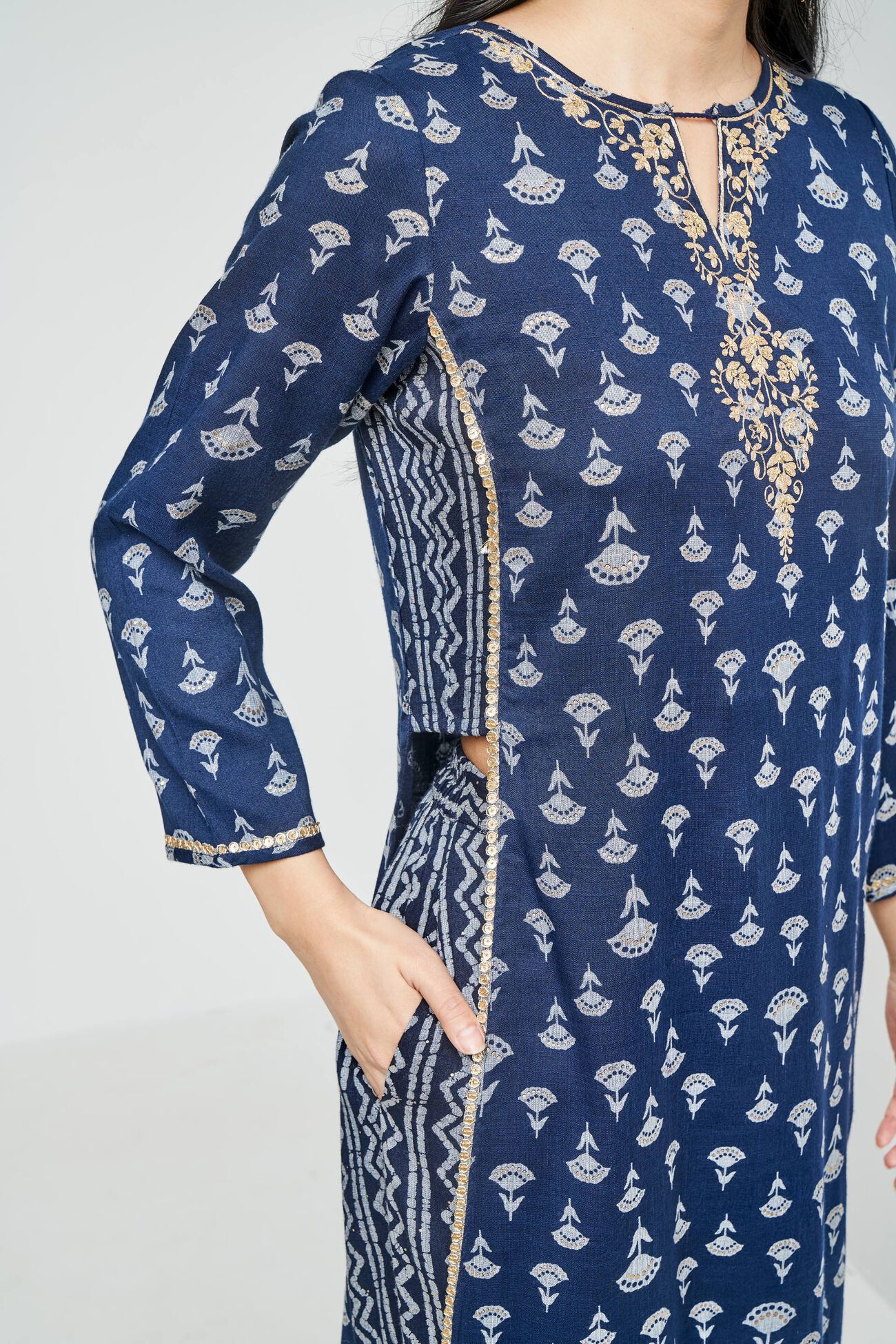 Indigo Ethnic Motifs Festive Suit, Indigo, image 3