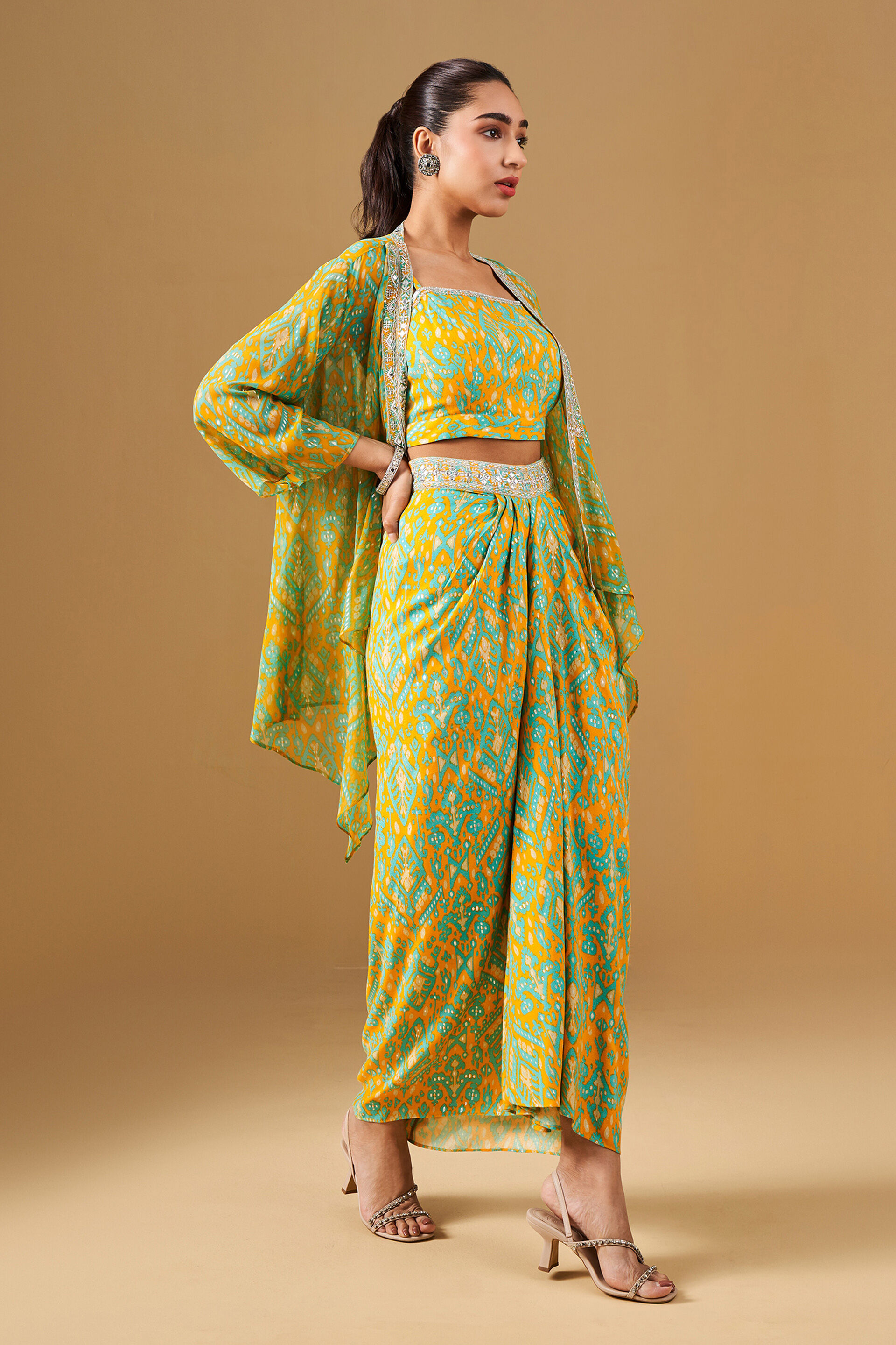 Ikat Inspired Asymmetrical Skirt Co-ord Set, Mustard, image 5