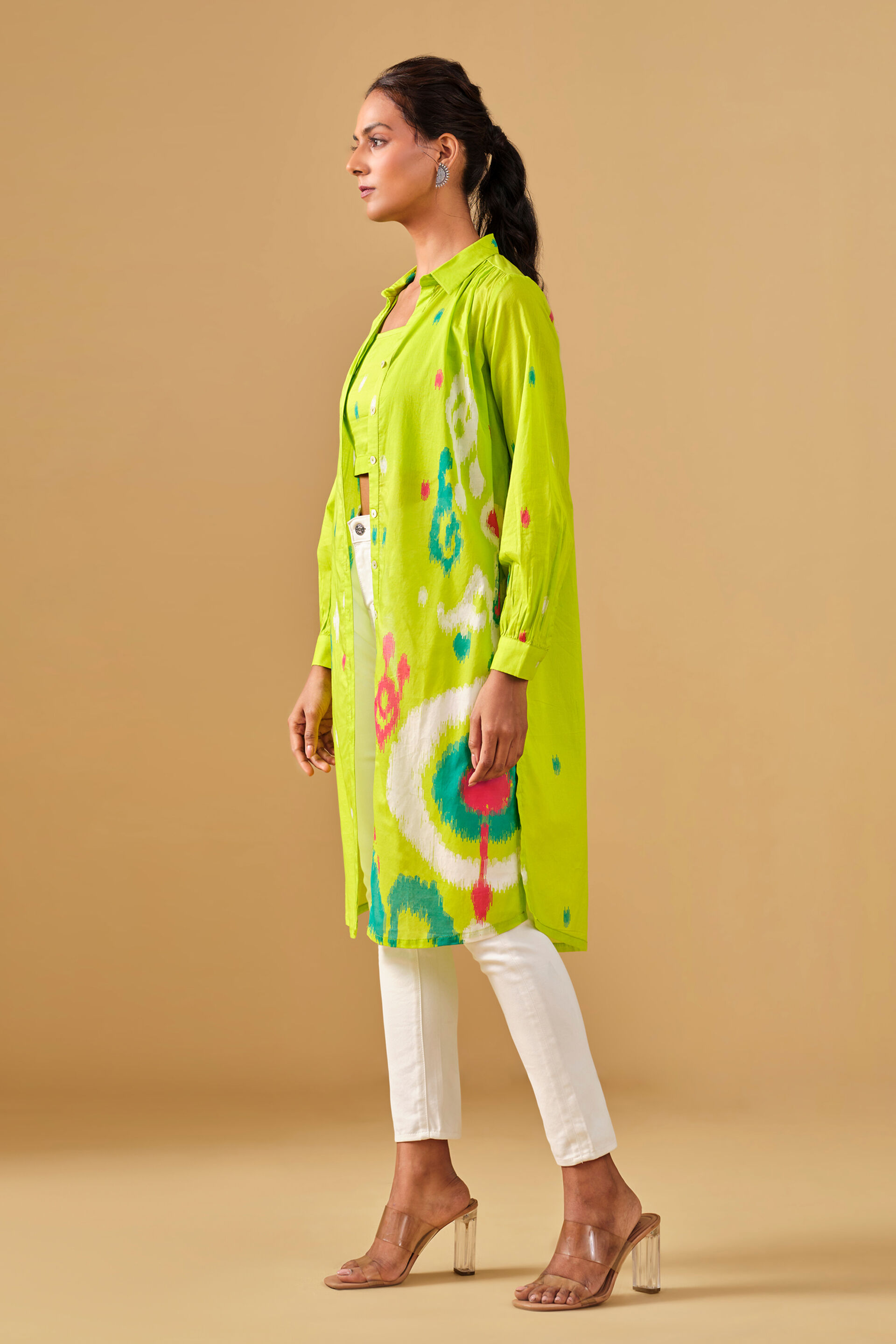 Ikat Inspired Cotton Top-Jacket Set, Lime, image 2