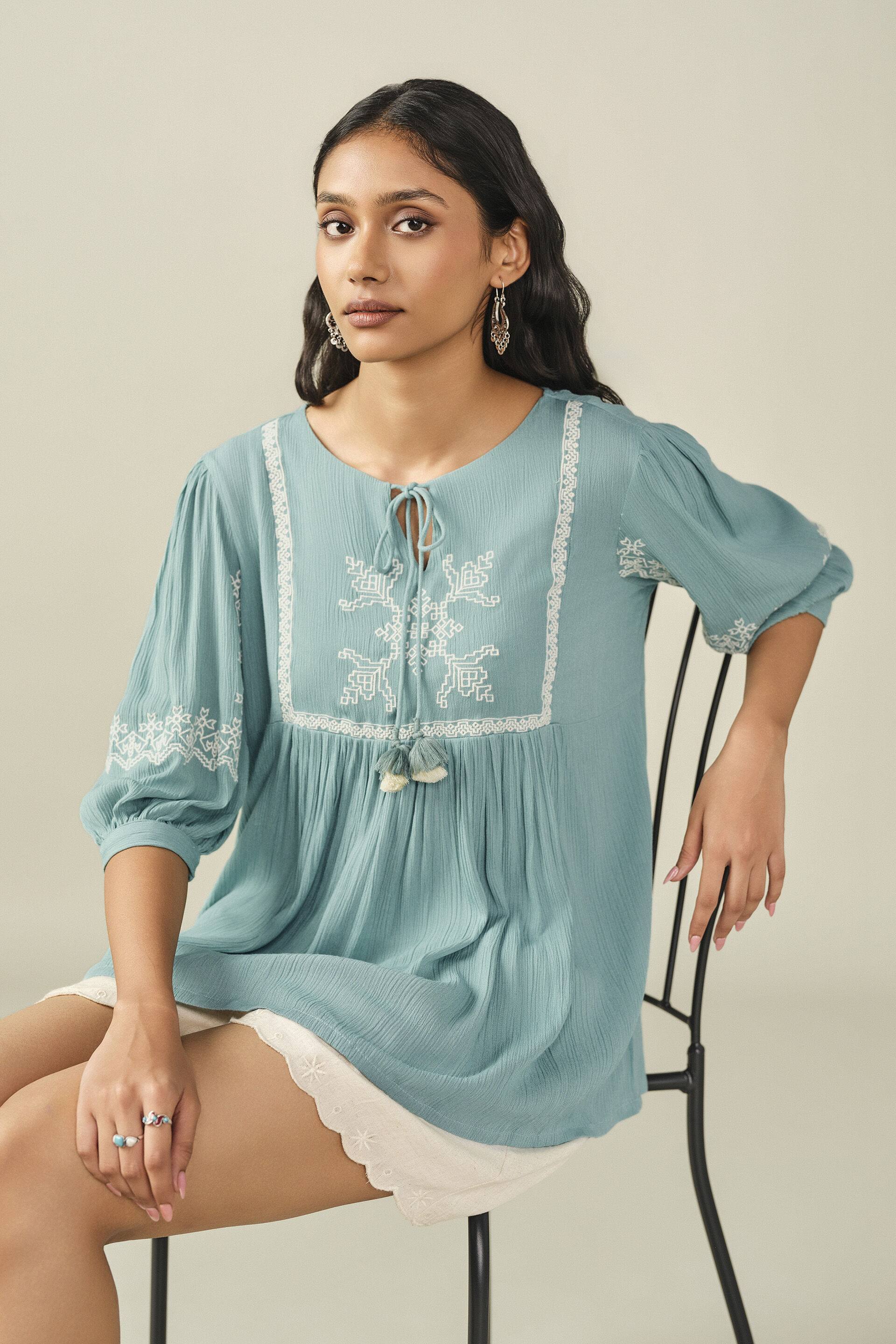 Embroidered Yoke Top in Light Teal, Teal, image 3