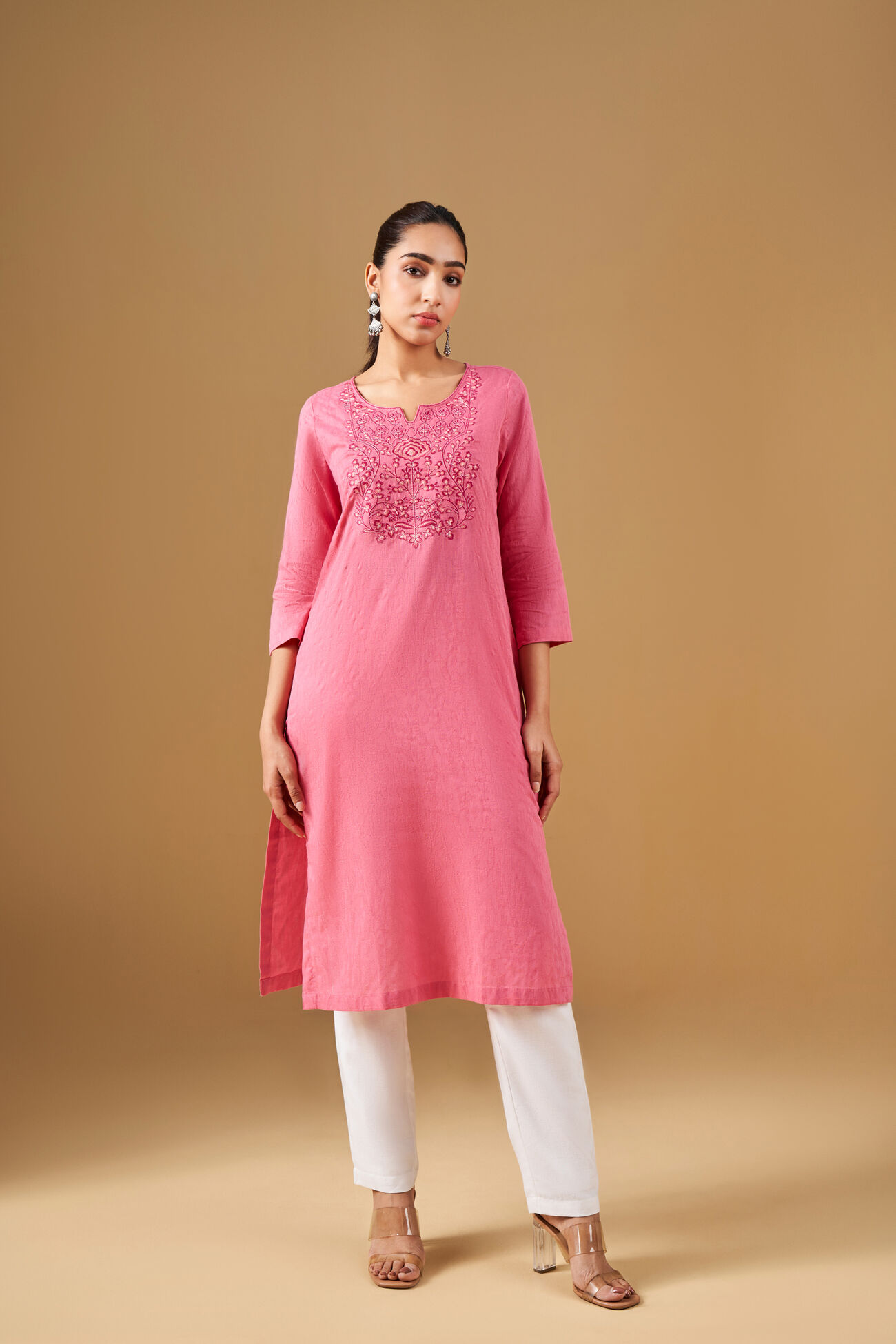 Ethnic Floral Embroidered Cotton Kurta, Coral, image 1