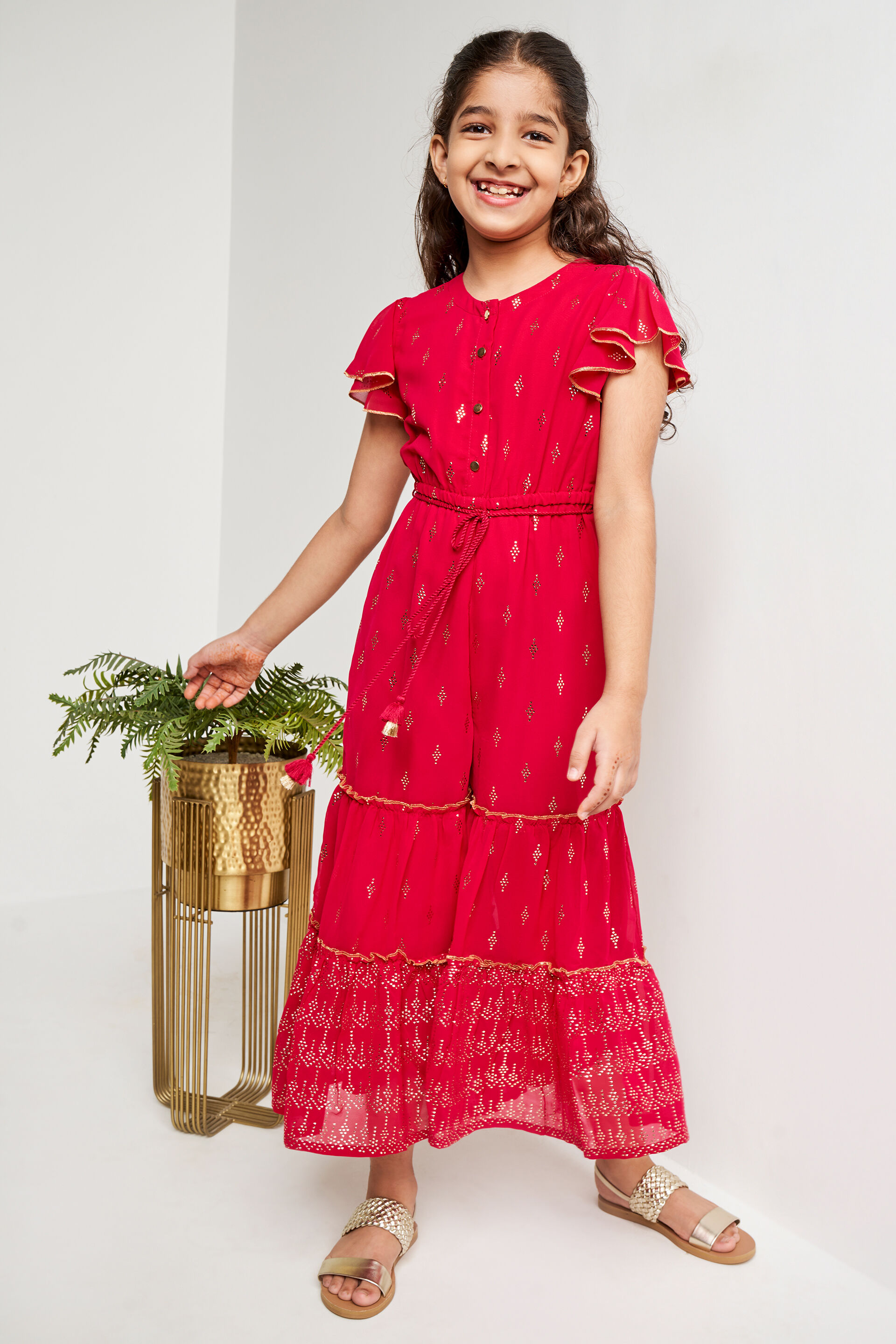 Hot Pink Geometric Flounce Jump Suit, Hot Pink, image 2