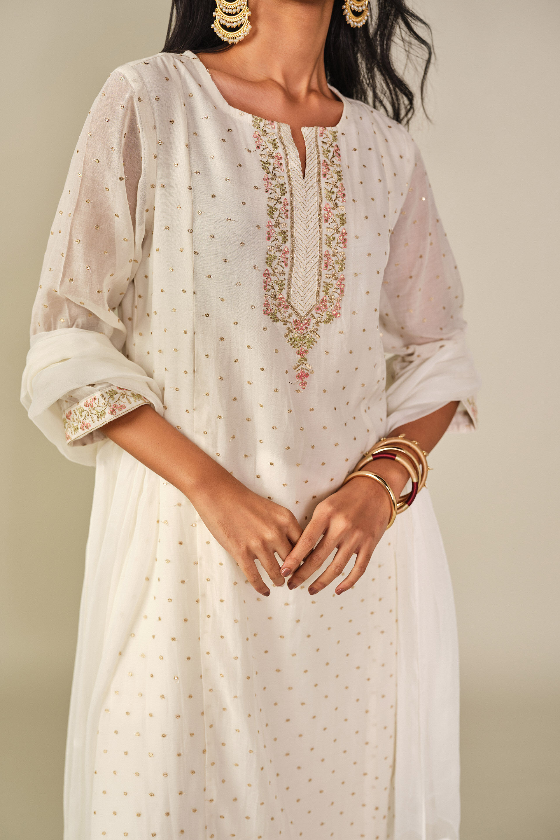 Embroidered Kurta Set in White, White, image 2