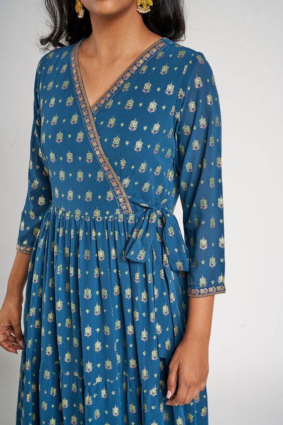 6 - Teal Floral Printed Fit And Flare Dress, image 6