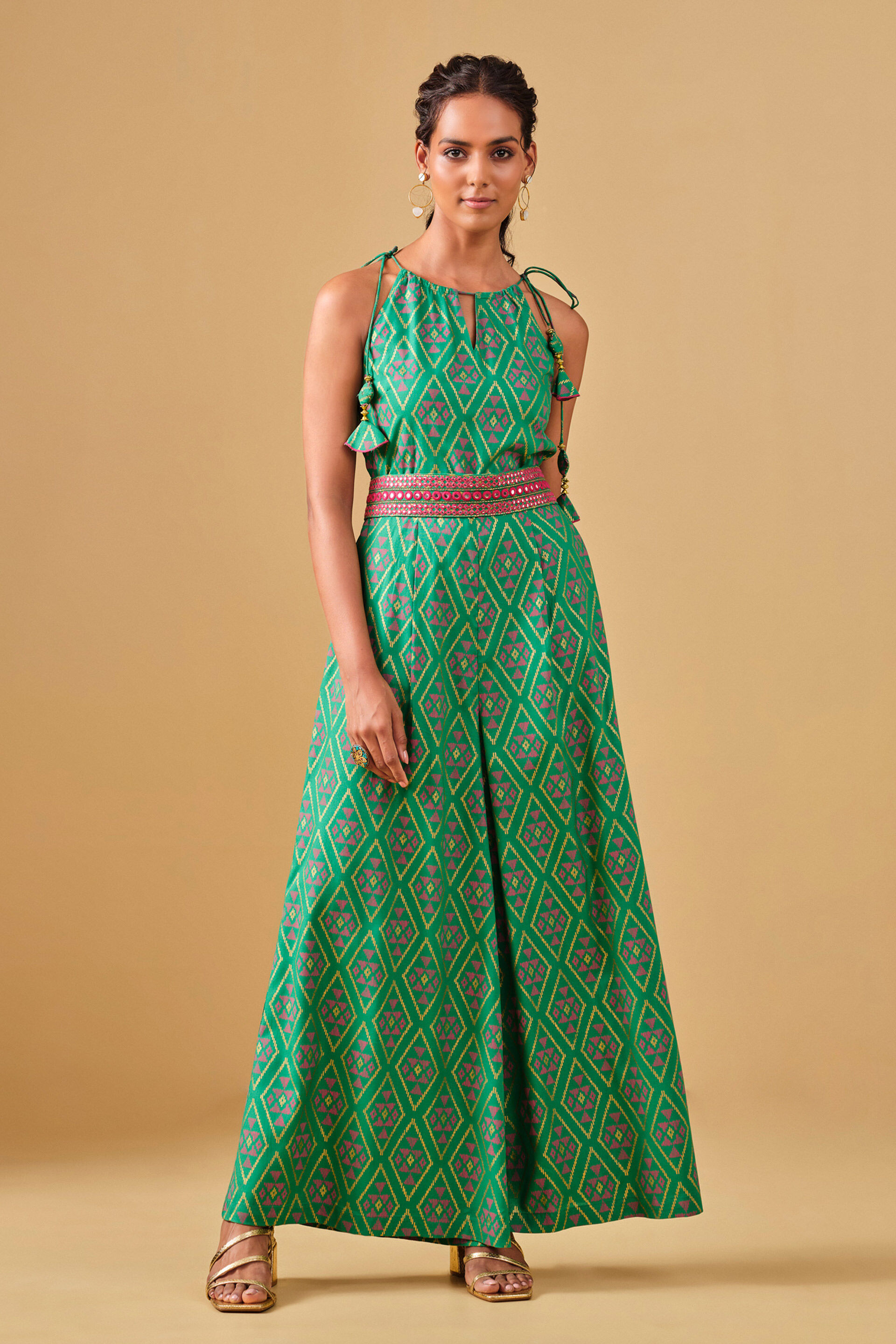 Festive Green Geometric Printed Viscose Jumpsuit, Green, image 2