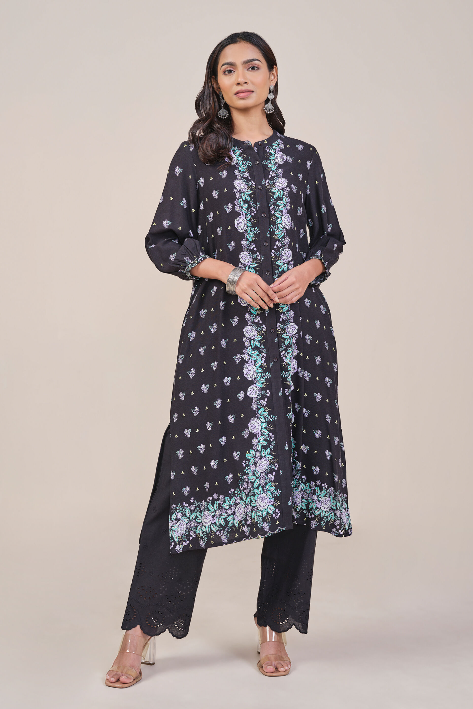 Black Placement Print Kurta, Black, image 2
