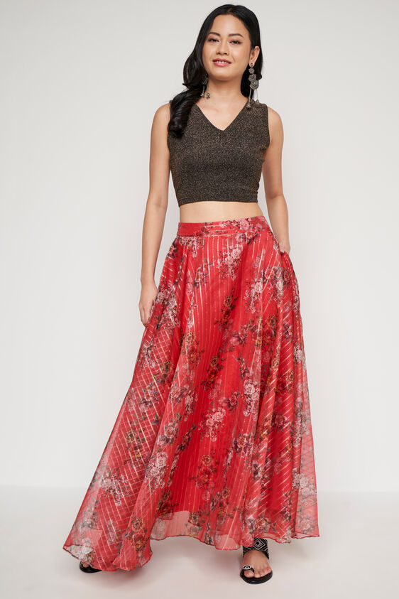 Pink Floral Flared Skirt, Pink, image 1