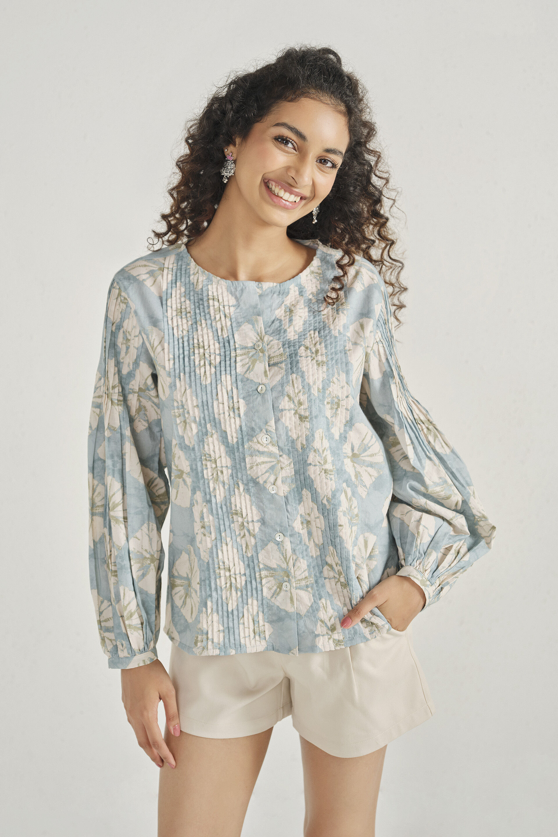 Muted Sage Pleated Cotton Top, Teal, image 2