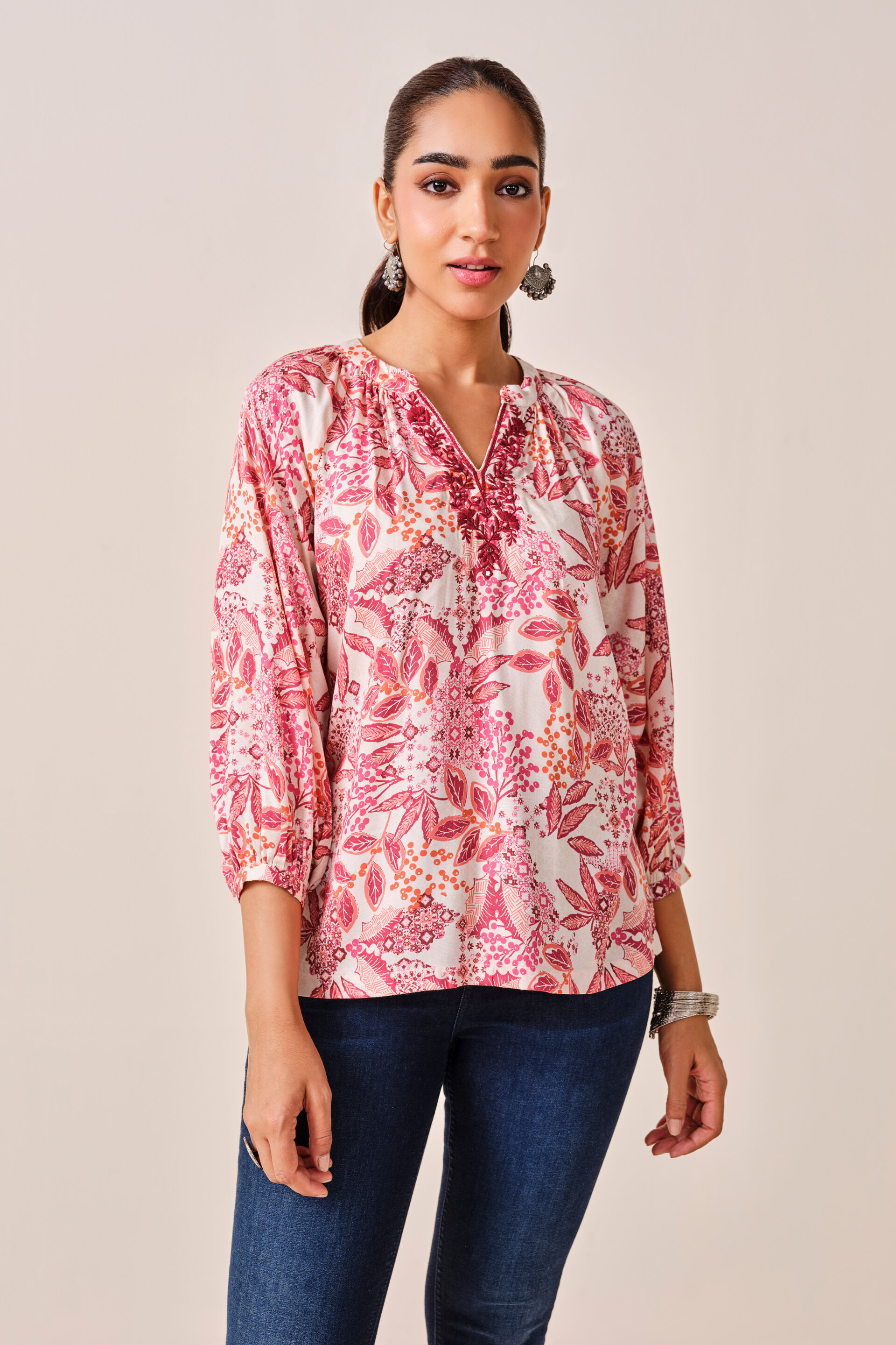 Coral Floral Print Viscose Top, Coral, image 7