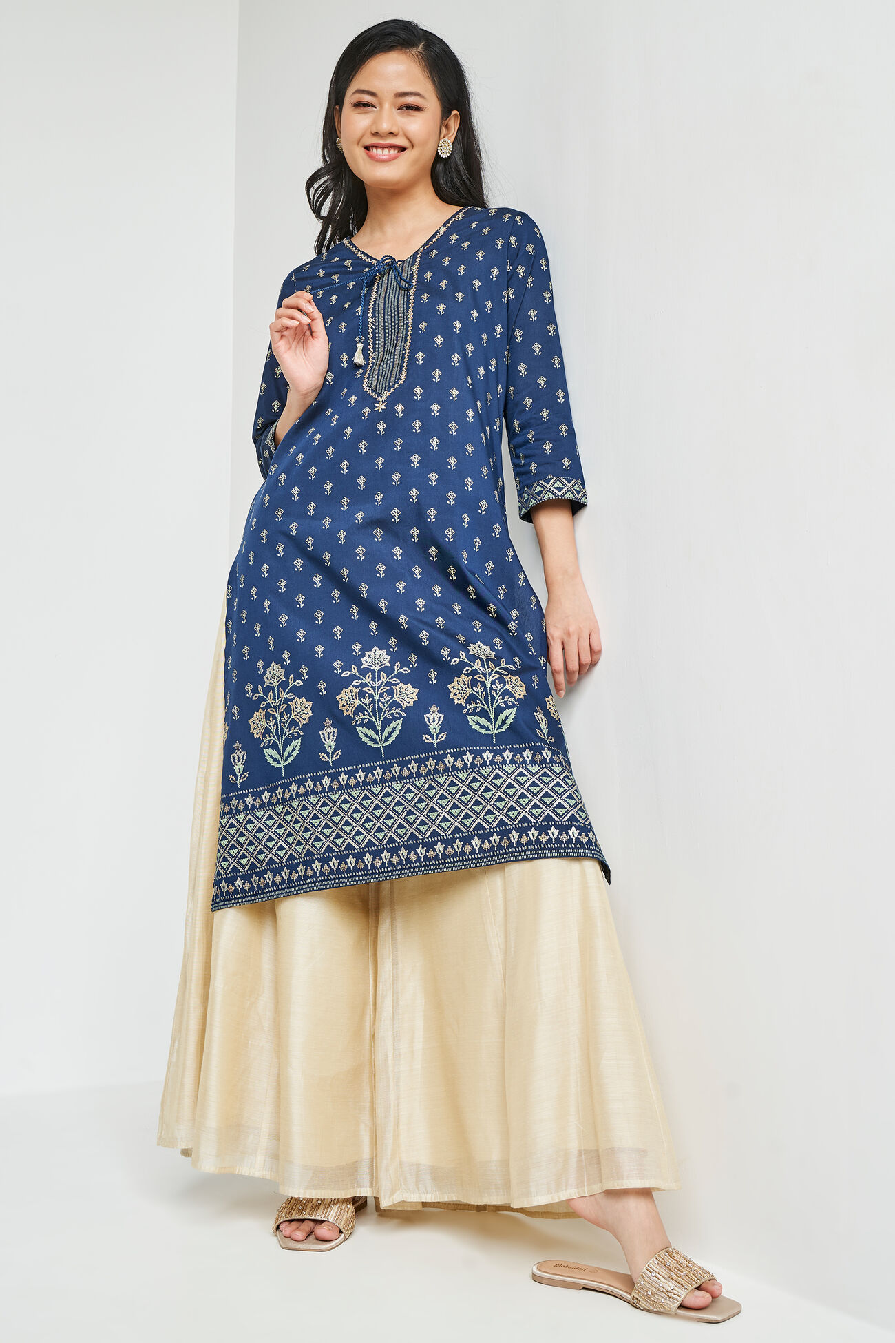 Indigo Ethnic Motifs Straight Kurta, Indigo, image 1