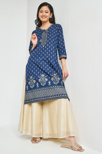 Indigo Ethnic Motifs Straight Kurta, Indigo, image 1
