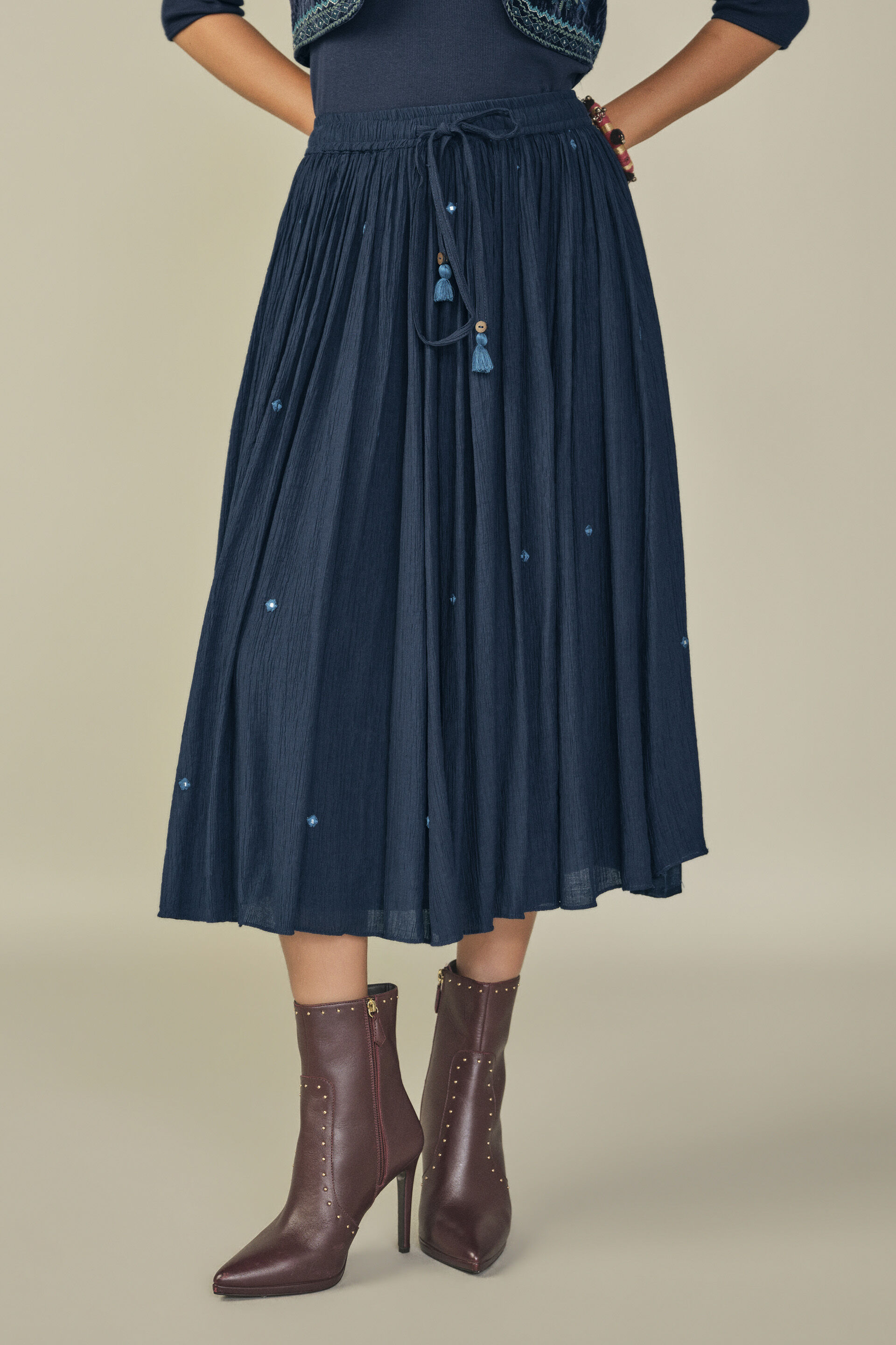 Mirror Detailed Flared Skirt in Indigo