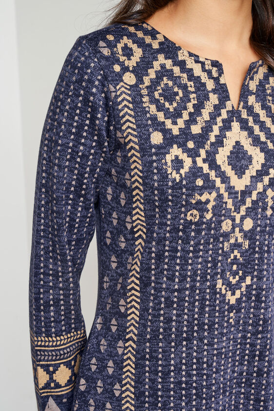 Navy Blue Foil Print Straight Slip-On Kurta, Navy Blue, image 6