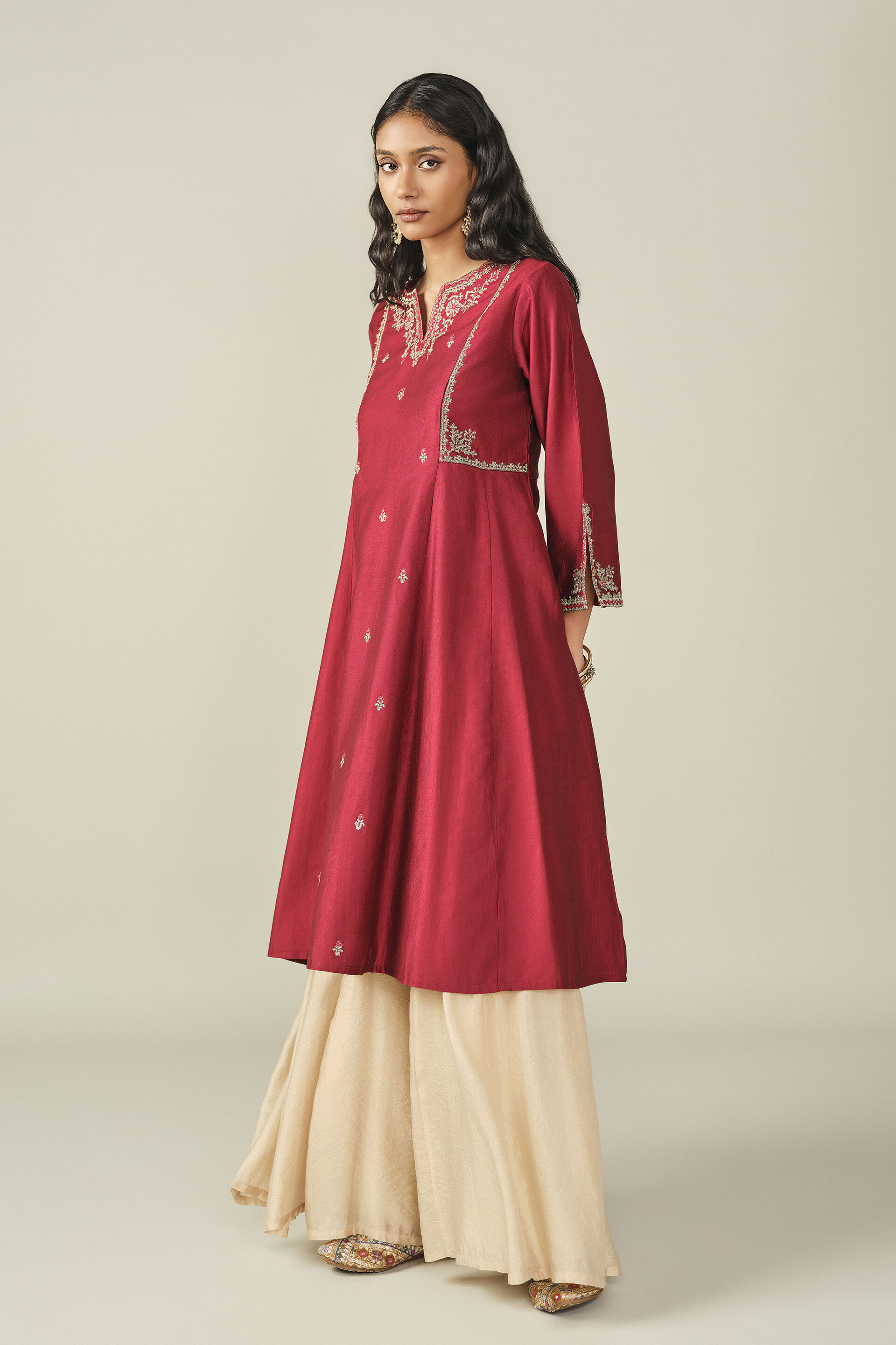 Embroidered A-line Kurta in Red, Red, image 3