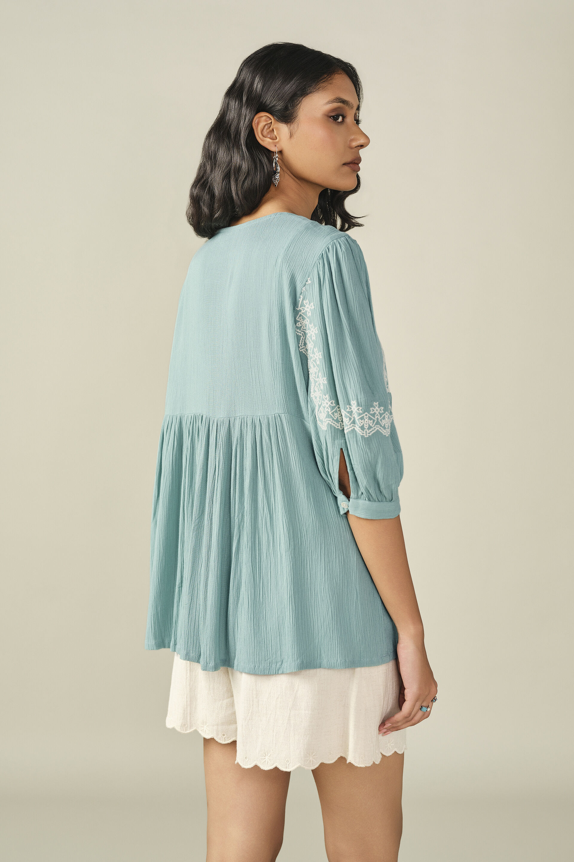 Embroidered Yoke Top in Light Teal, Teal, image 6