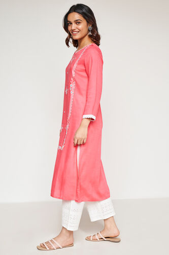Coral Solid Embroidered Straight Kurta, Coral, image 2