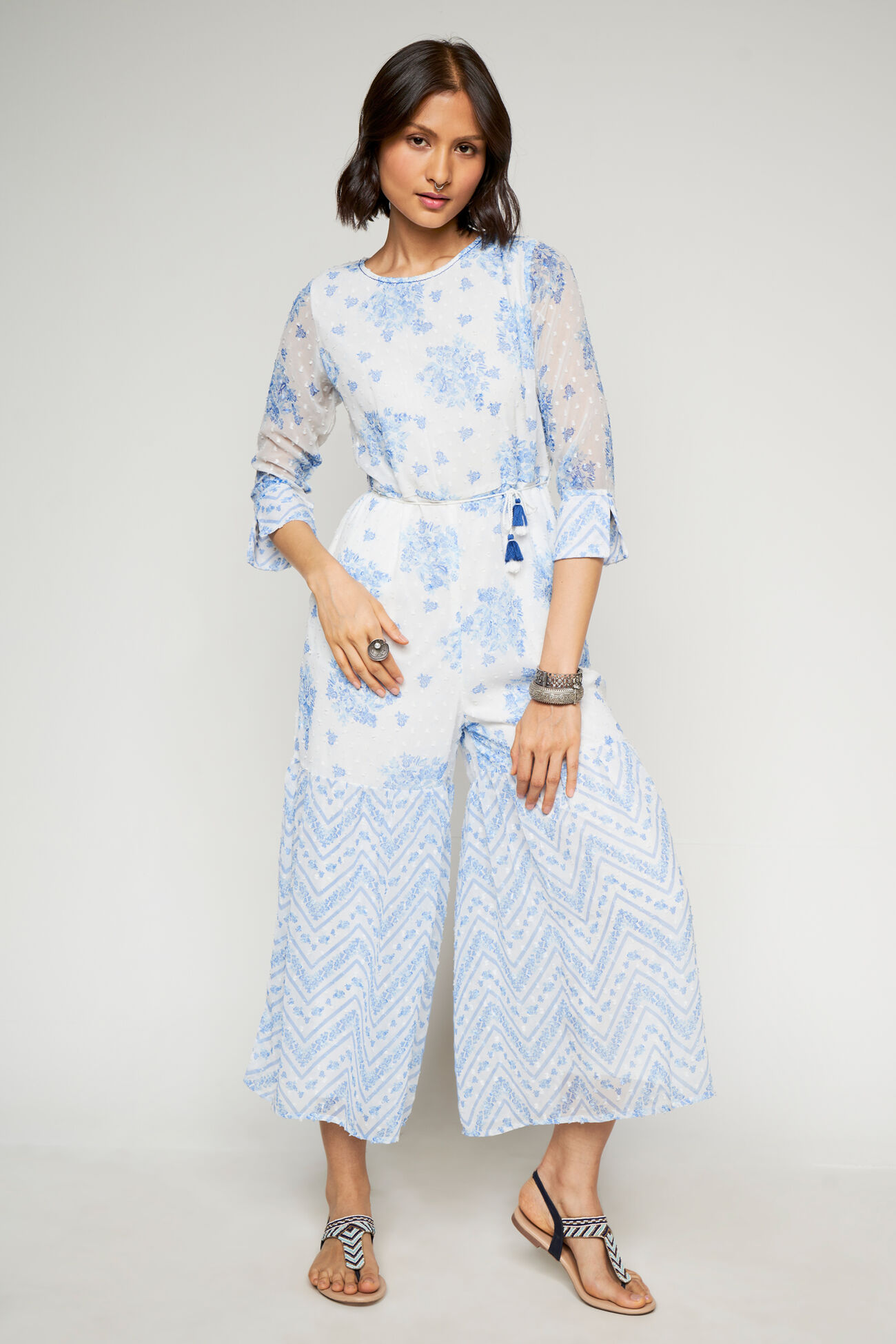 White Floral curved Jumpsuit, White, image 1