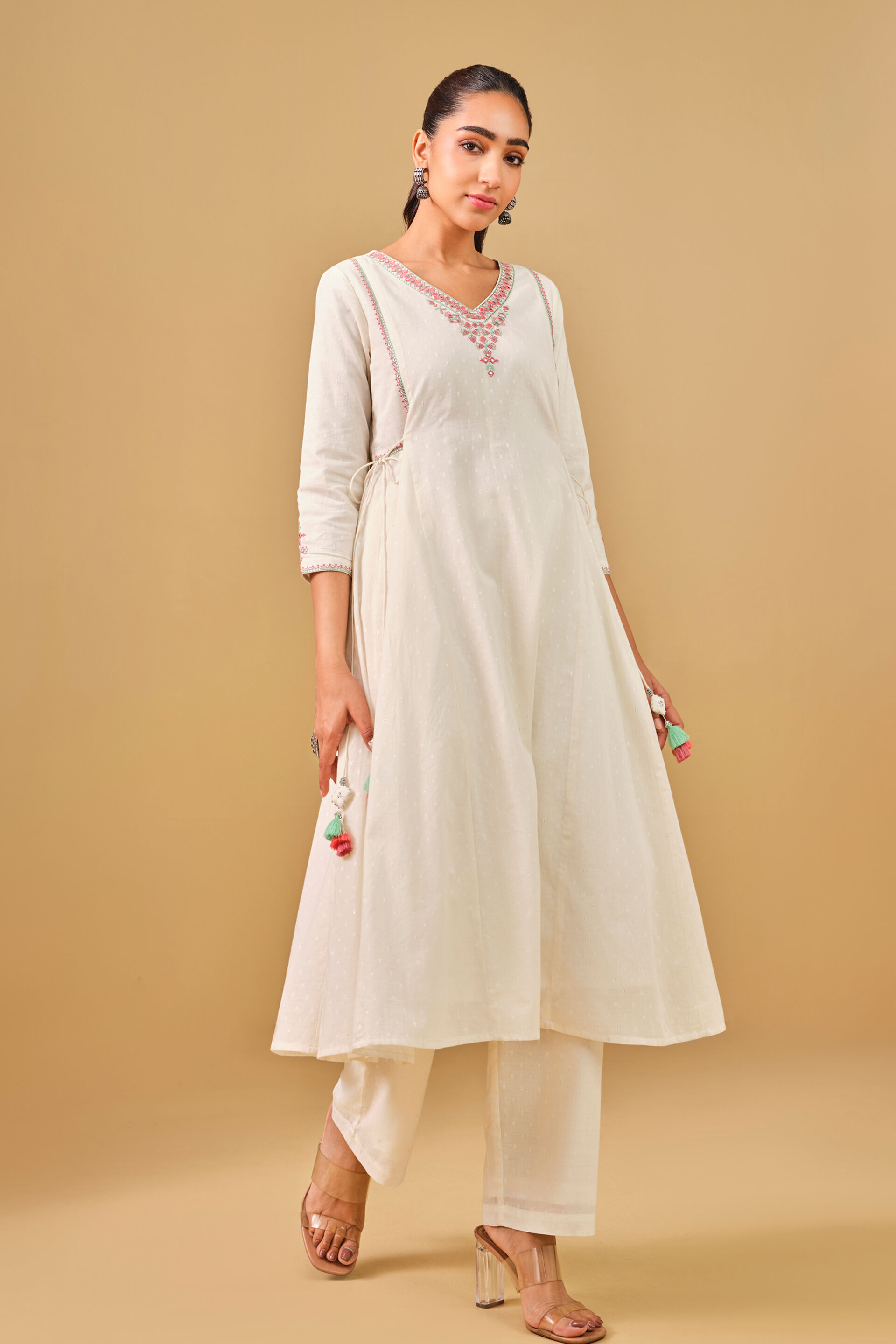 Off-white Embroidered Cotton Kurta Set, Off White, image 2