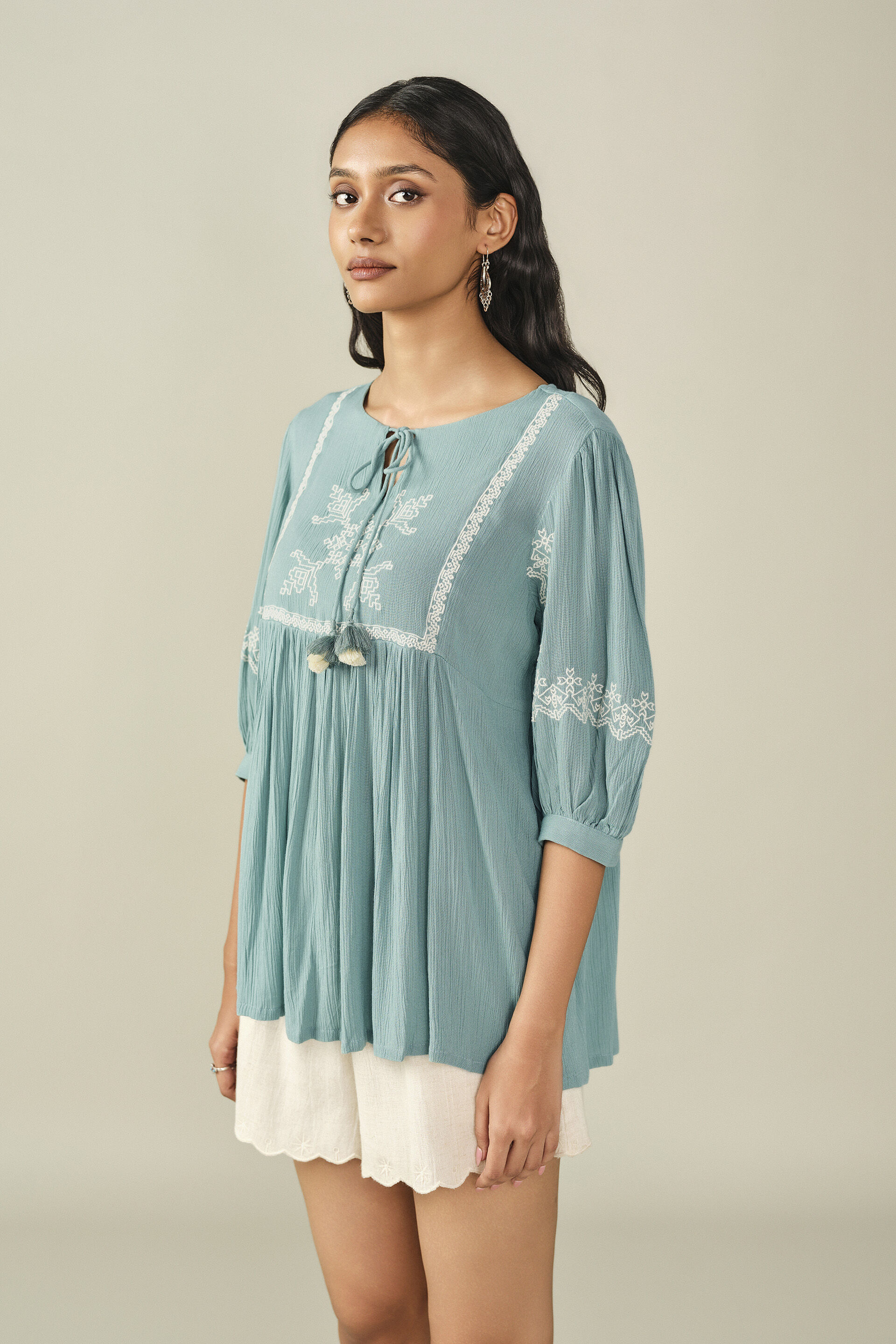 Embroidered Yoke Top in Light Teal, Teal, image 5