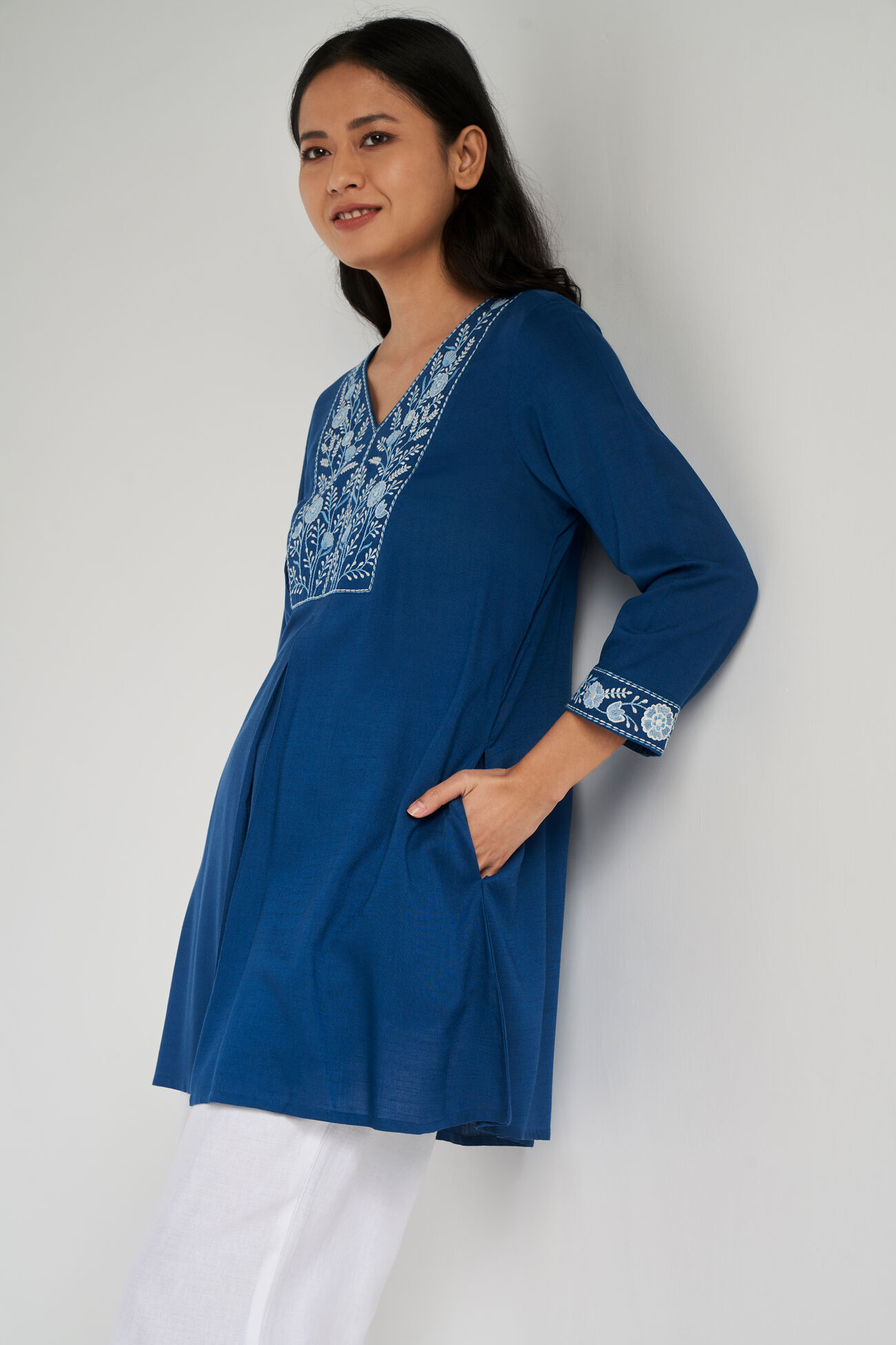 Blue Floral Flared Tunic, Blue, image 1