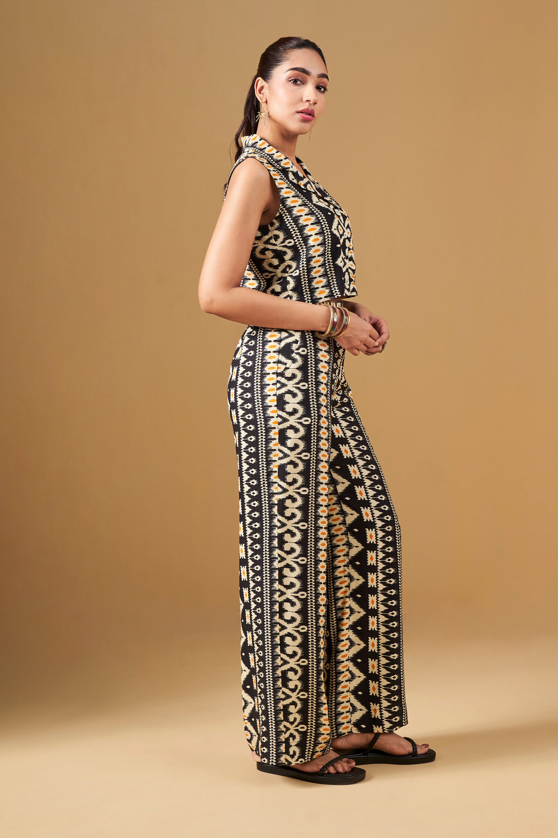 Ikat Print Viscose Cropped Co-Ord, Black, image 5