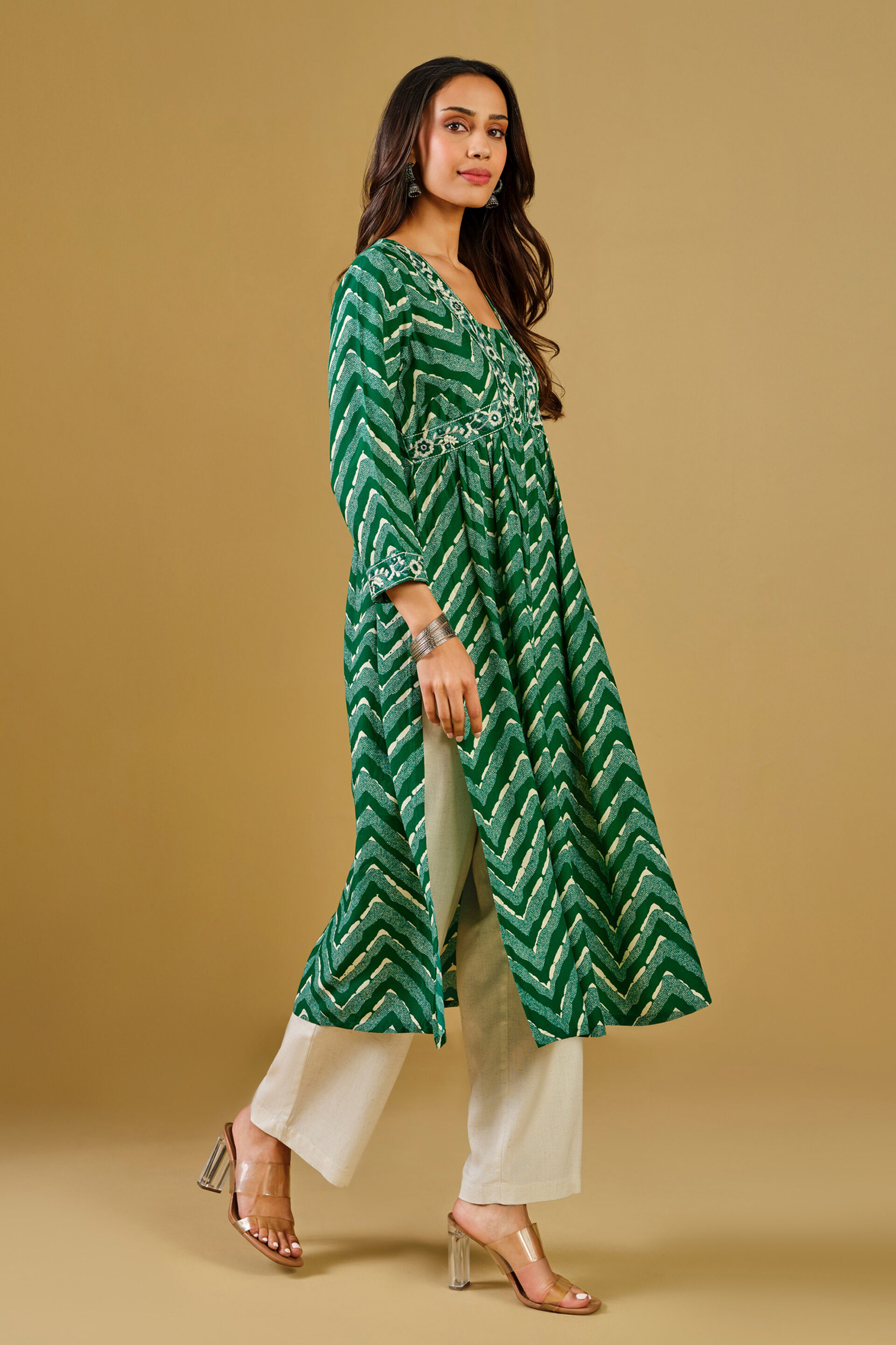 Geometric Green Viscose Kurta, Green, image 2