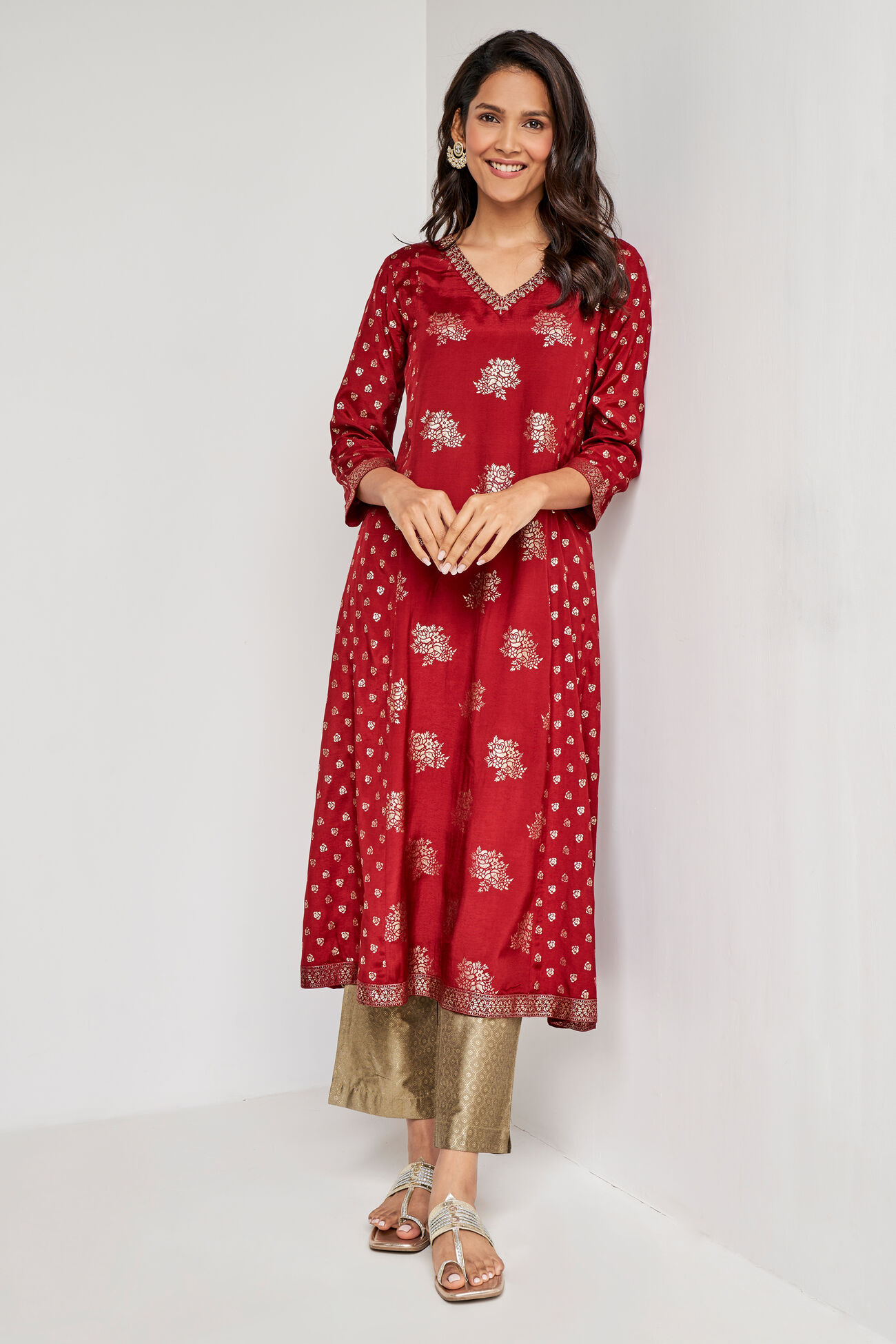 Red Foil Print Flared Slip-On Kurta, Red, image 3