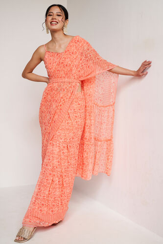 Coral Ethnic Motifs Curved St Saree, Coral, image 1