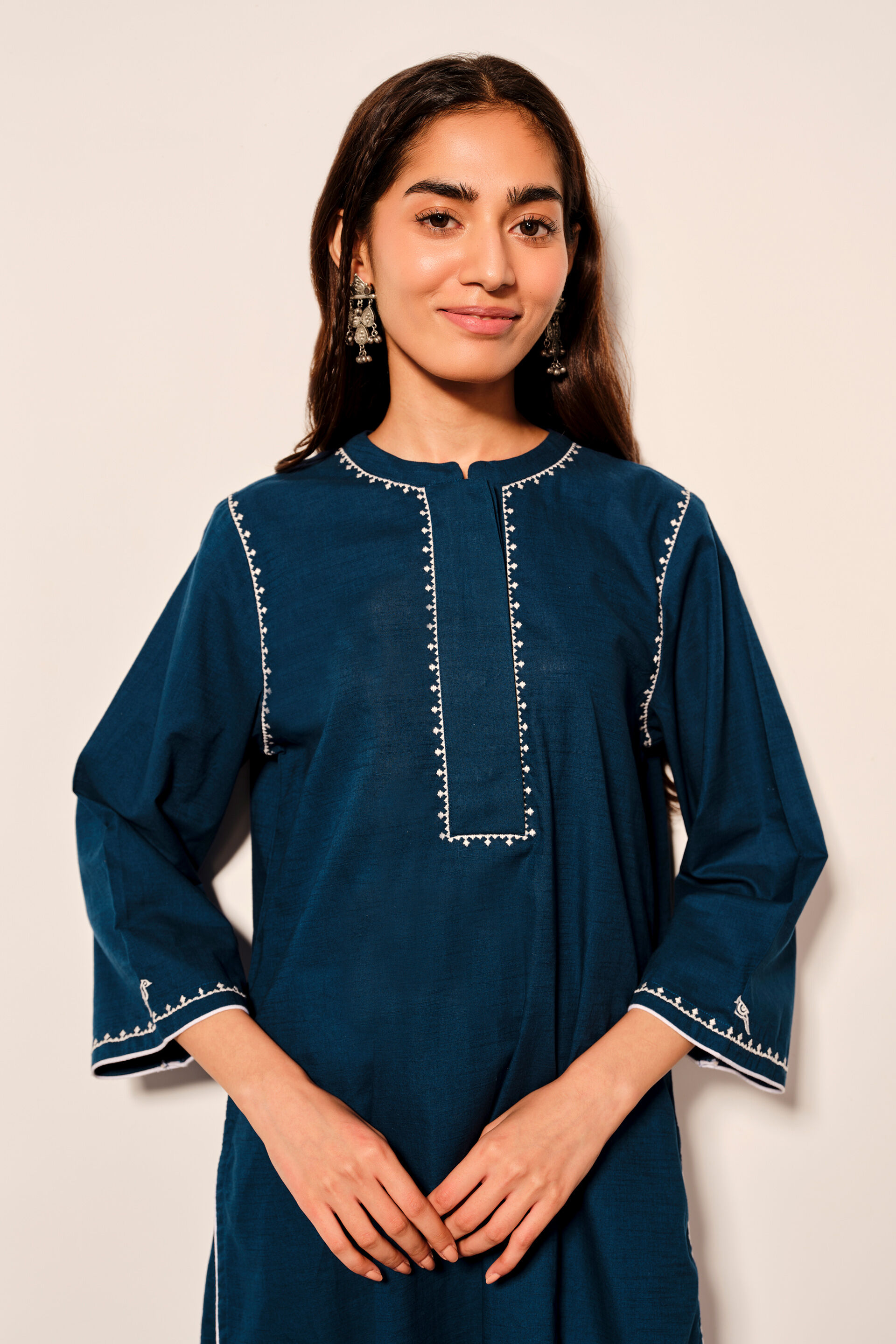 Indigo Blue Cotton Tunic WIth Bell Sleeves, Blue, image 3