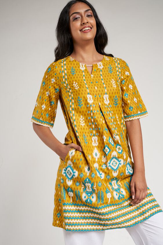 1 - Mustard Abstract Printed Shirt Style Dress, image 1