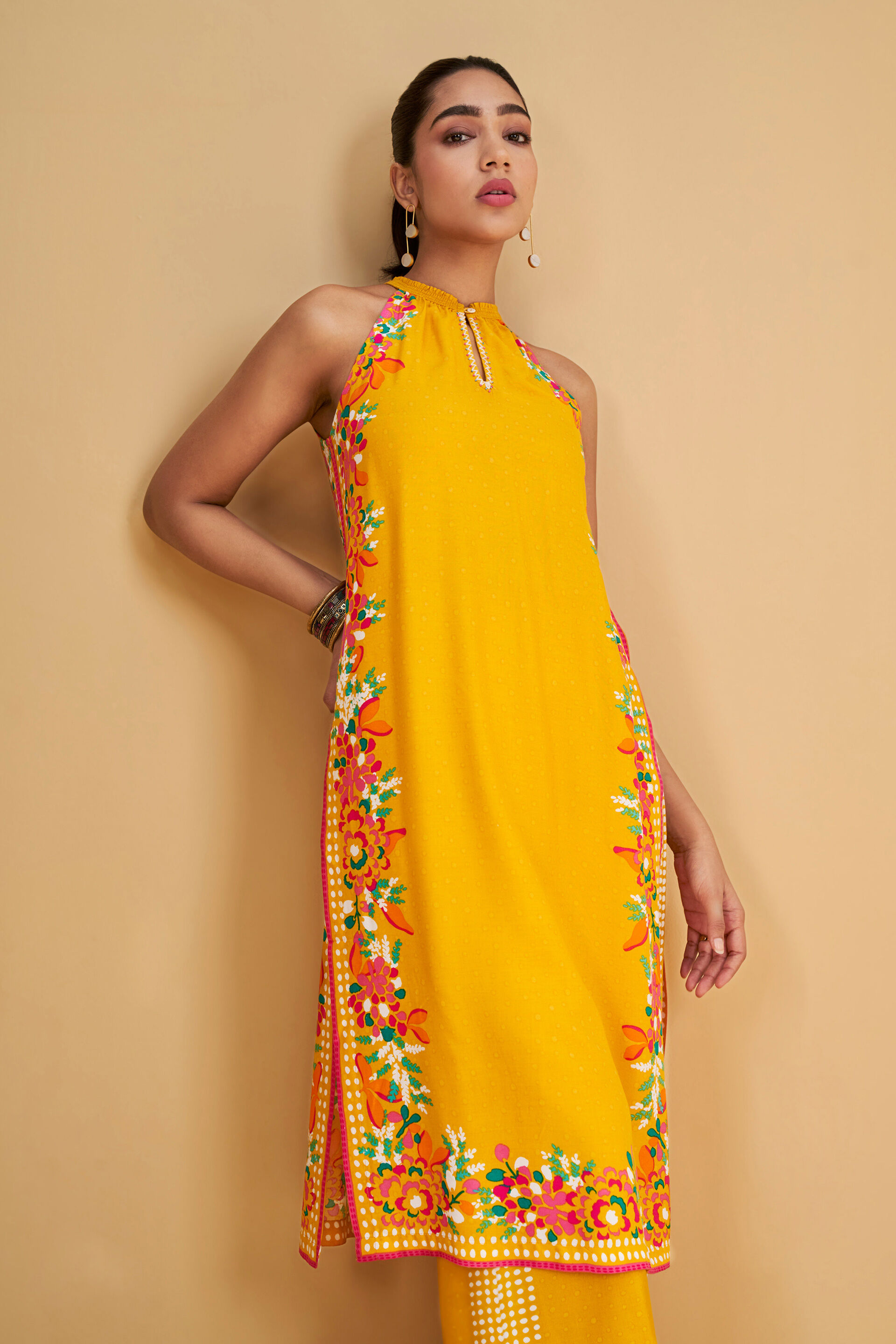 Floral Print Mustard Viscose Kurta Set, Mustard, image 4