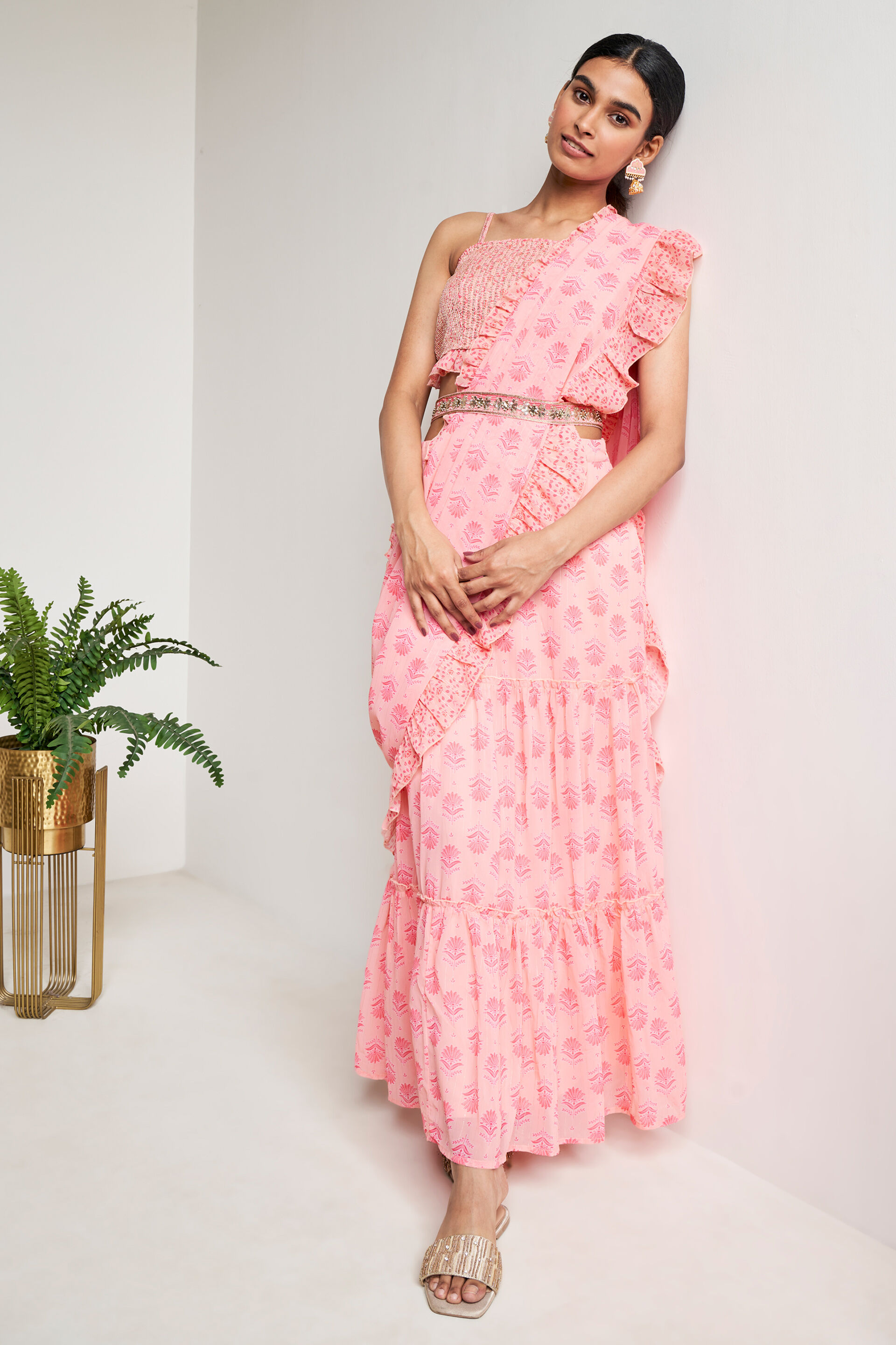 Pink Floral Fit Flare Stitched Saree