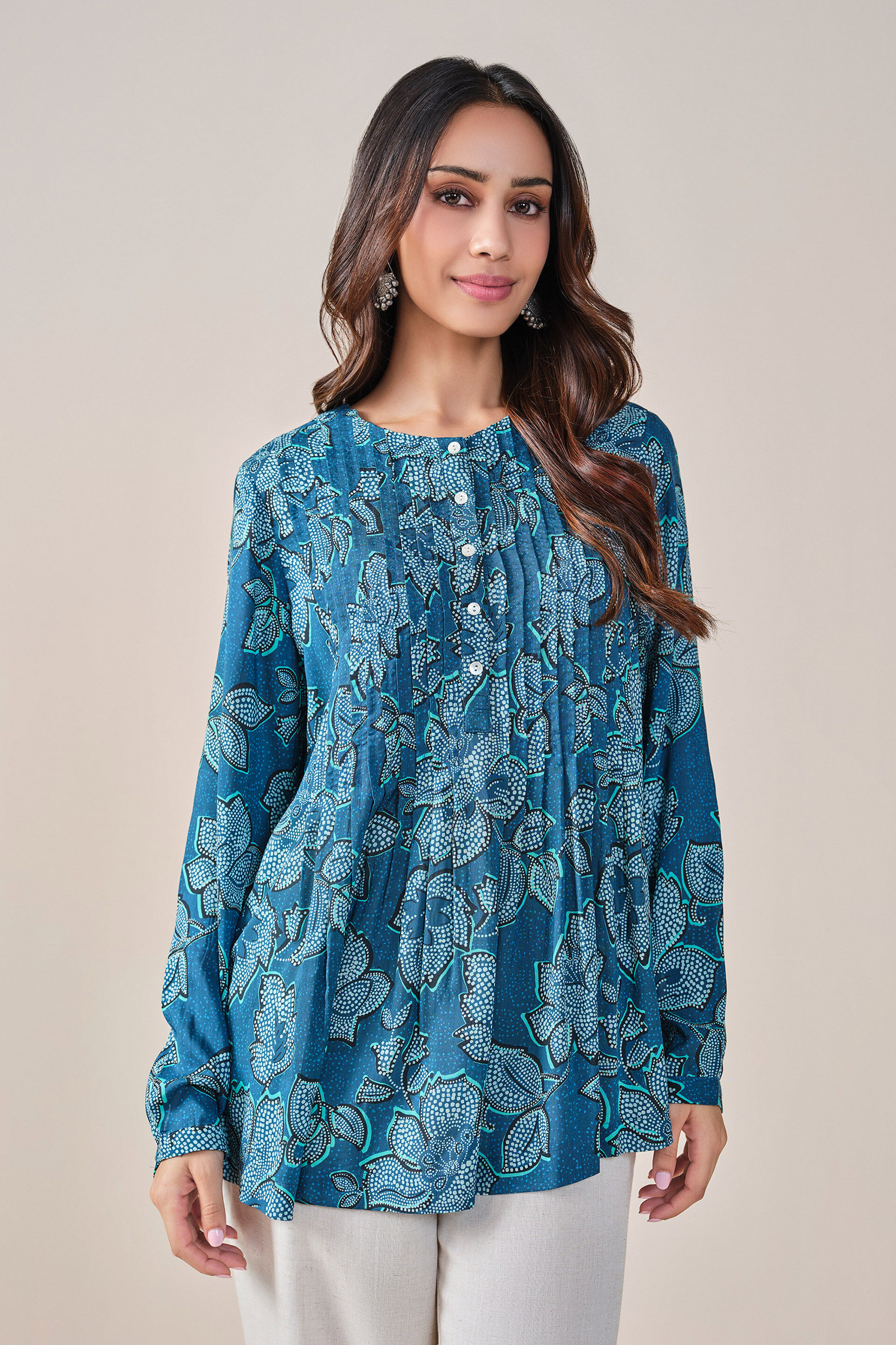 Blue Floral Print Viscose Top, Blue, image 2
