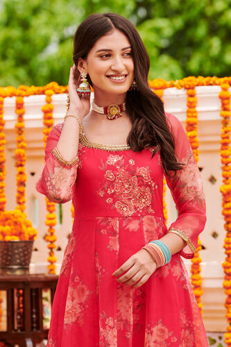 Red Floral Flared Gown, Red, image 5