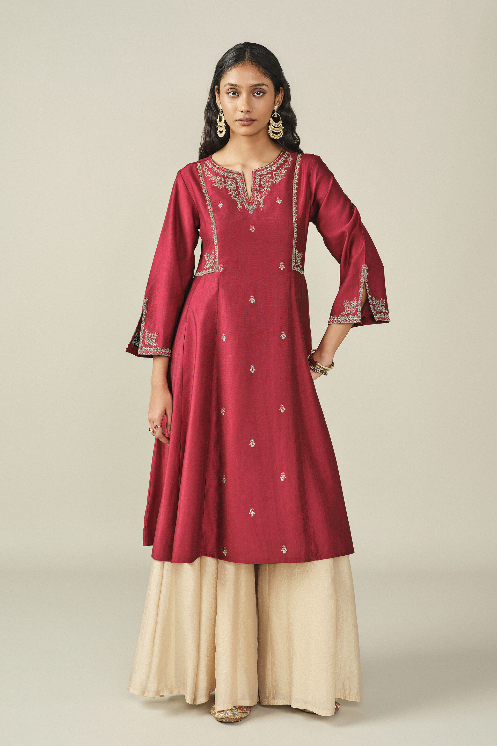 Embroidered A-line Kurta in Red