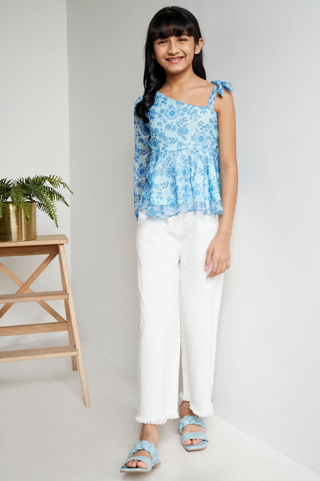Blue Floral Tie-Ups Fit And Flare Top, Blue, image 1