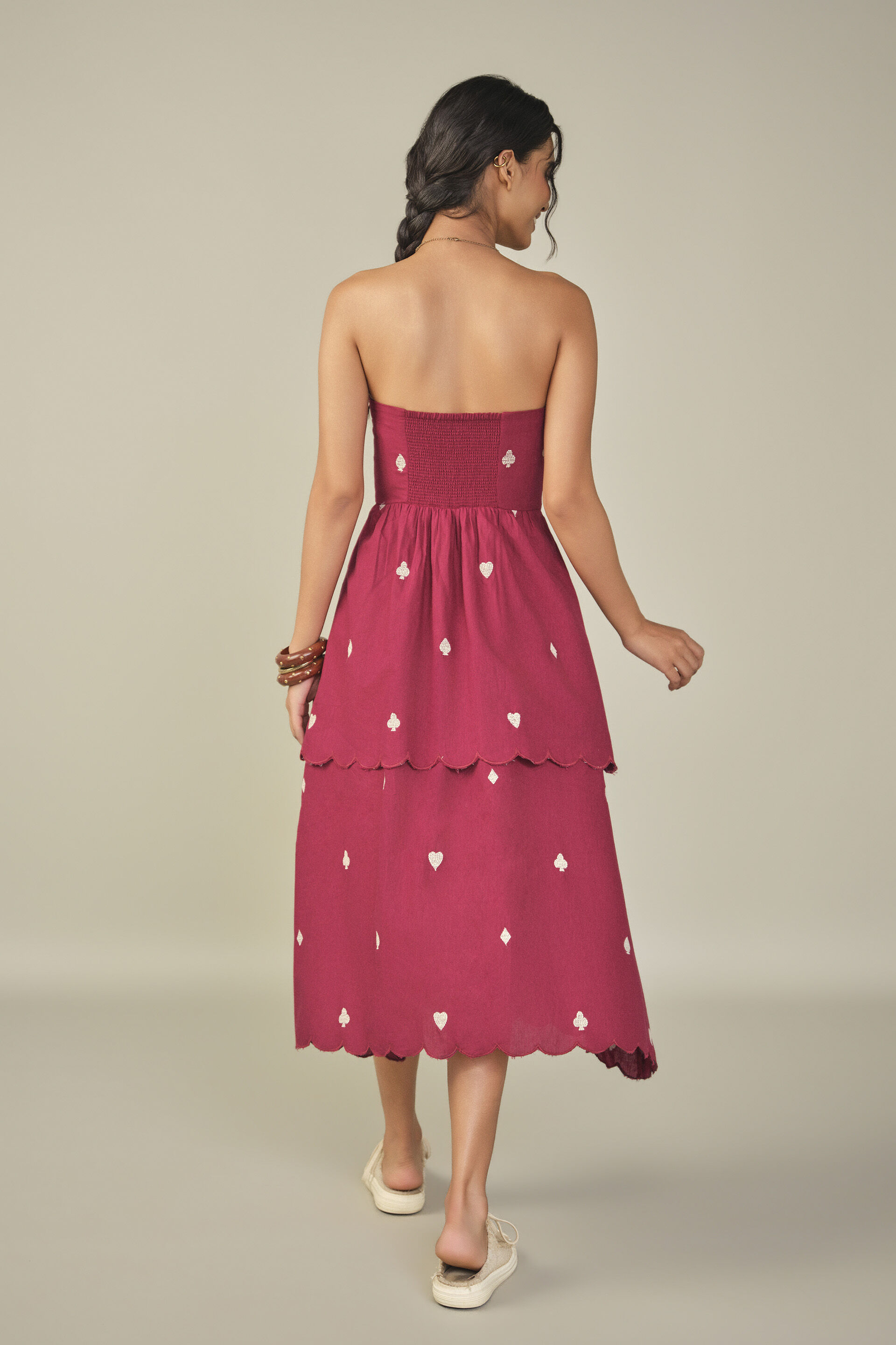 Embroidered Bandeau Midi Dress in Red, Red, image 5