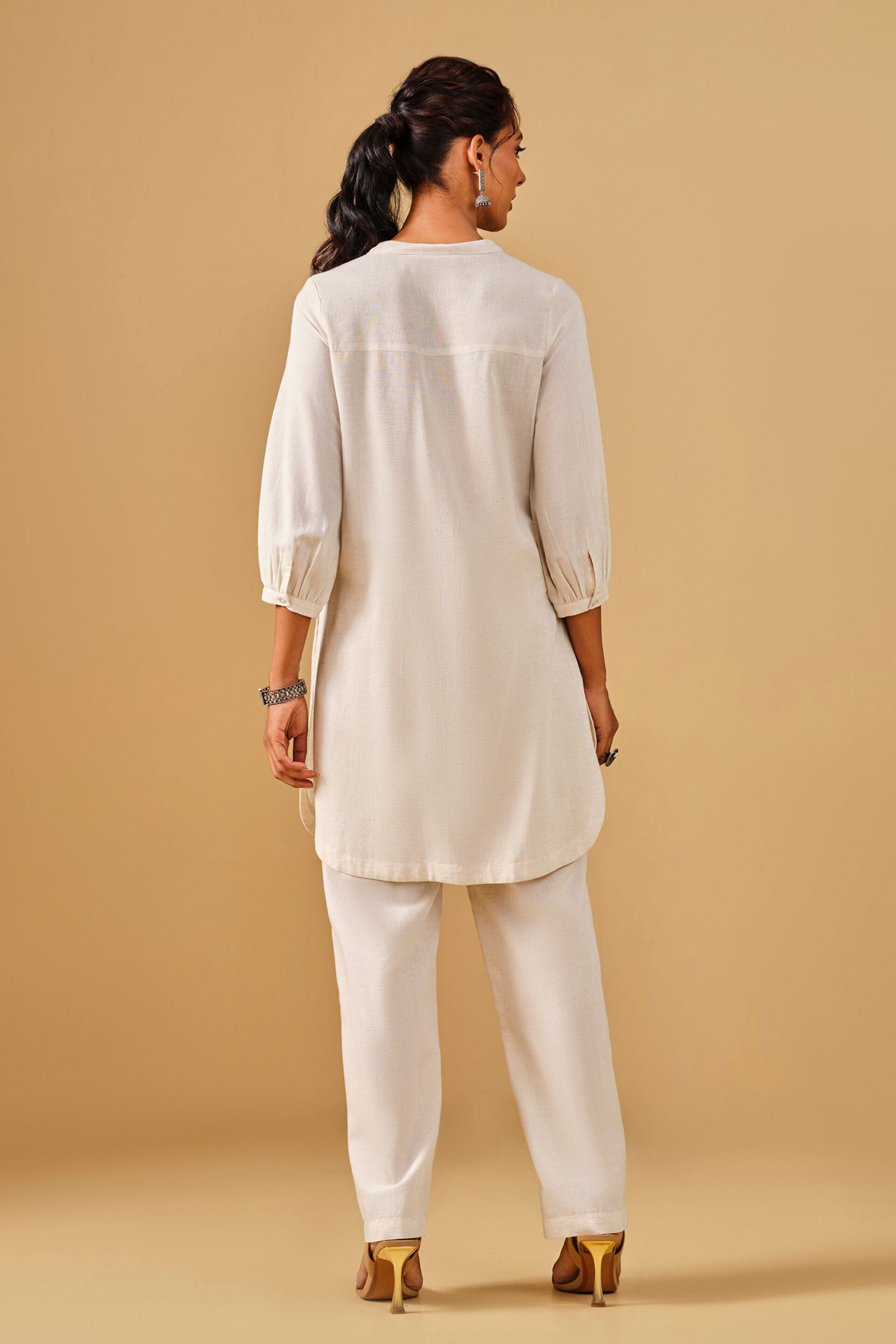 Embroidered Mandarin Collar Viscose Blend Natural Kurta Set, Natural, image 7