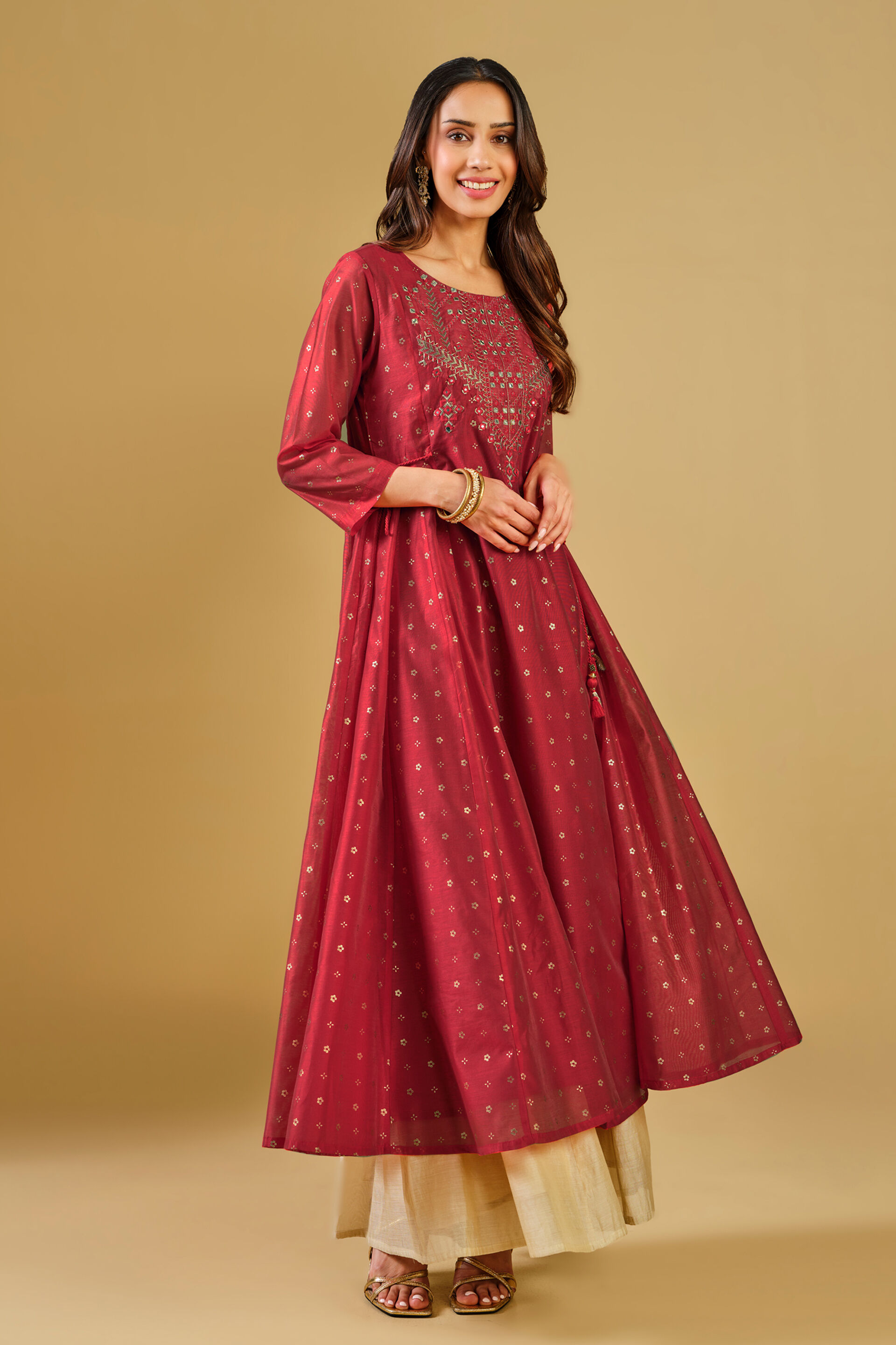 Red Viscose Blend Flared Kurta, Red, image 4