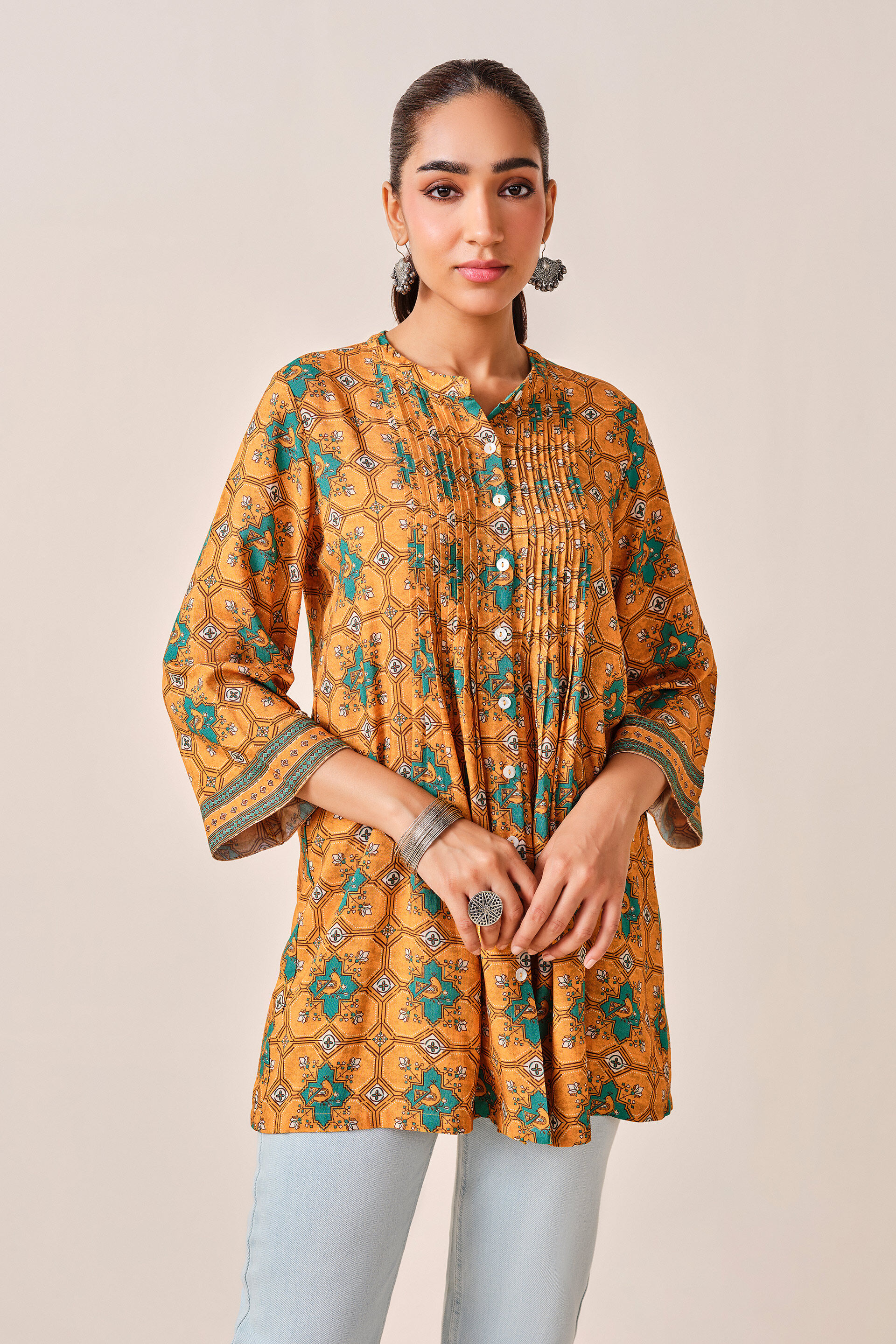 Mustard Abstract Print Kurta , Mustard, image 3