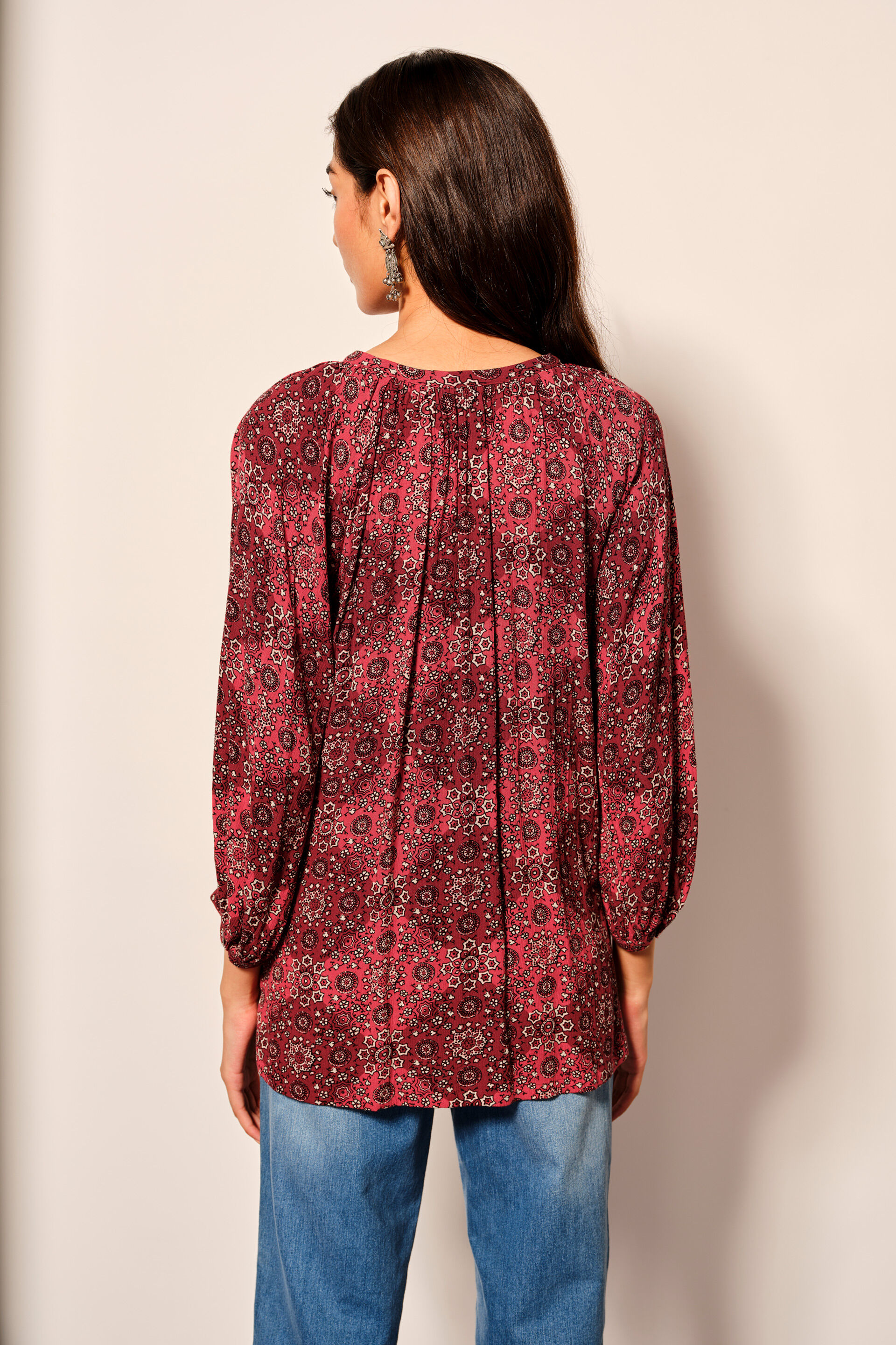 Rusted Red Ethnic Floral Print Viscose Top, Rust, image 2