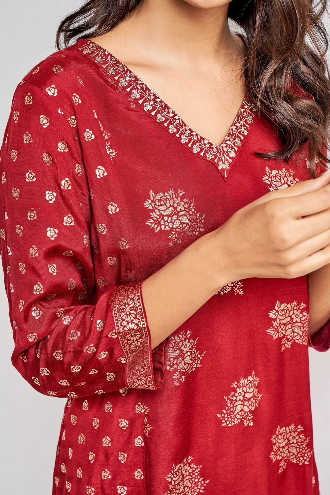 Red Foil Print Flared Slip-On Kurta, Red, image 6
