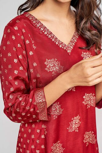Red Foil Print Flared Slip-On Kurta, Red, image 6