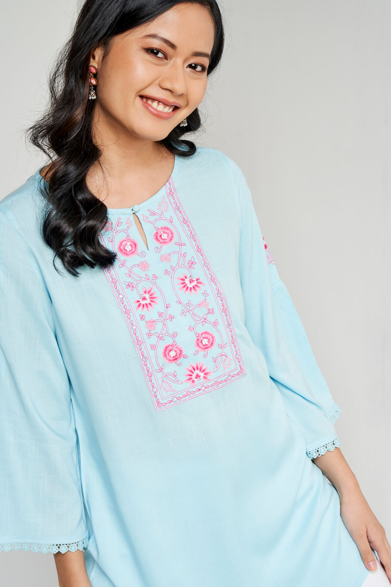 Powder Blue Solid Curved Tunic, Powder Blue, image 3